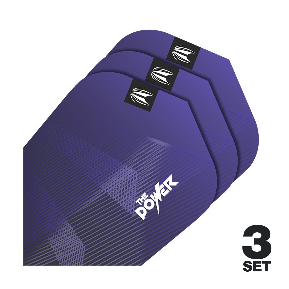 Target Pro Ultra Phil Taylor Power GEN10 Tien-X-vluchten - 3 sets Das Bild zeigt drei Sätze lila Dart-Flights mit der Aufschrift "The Power". In der unteren rechten Ecke steht "3 Set".