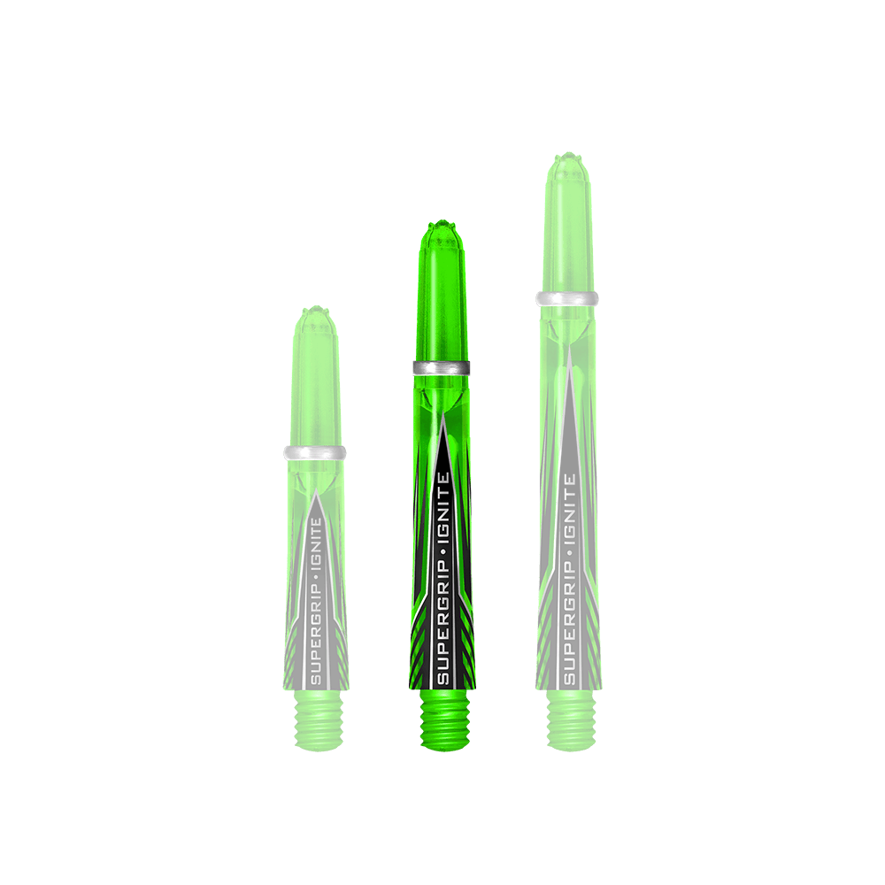 HR390_Harrows_Supergrip_Ignite_Shafts_Gr-n_40mm_1 Harrows Supergrip Ignite Shafts in einer klaren Anordnung. Die Schäfte heben sich im Bild gut ab.