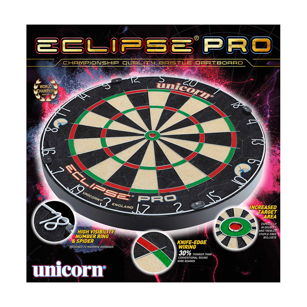 Unicorn Eclipse Pro dartbord Das Bild zeigt das Produkt "Unicorn Eclipse Pro Dartboard". Es handelt sich um eine professionelle Dartscheibe mit erhöhter Zielgenauigkeit und spezieller Draht-Technologie.