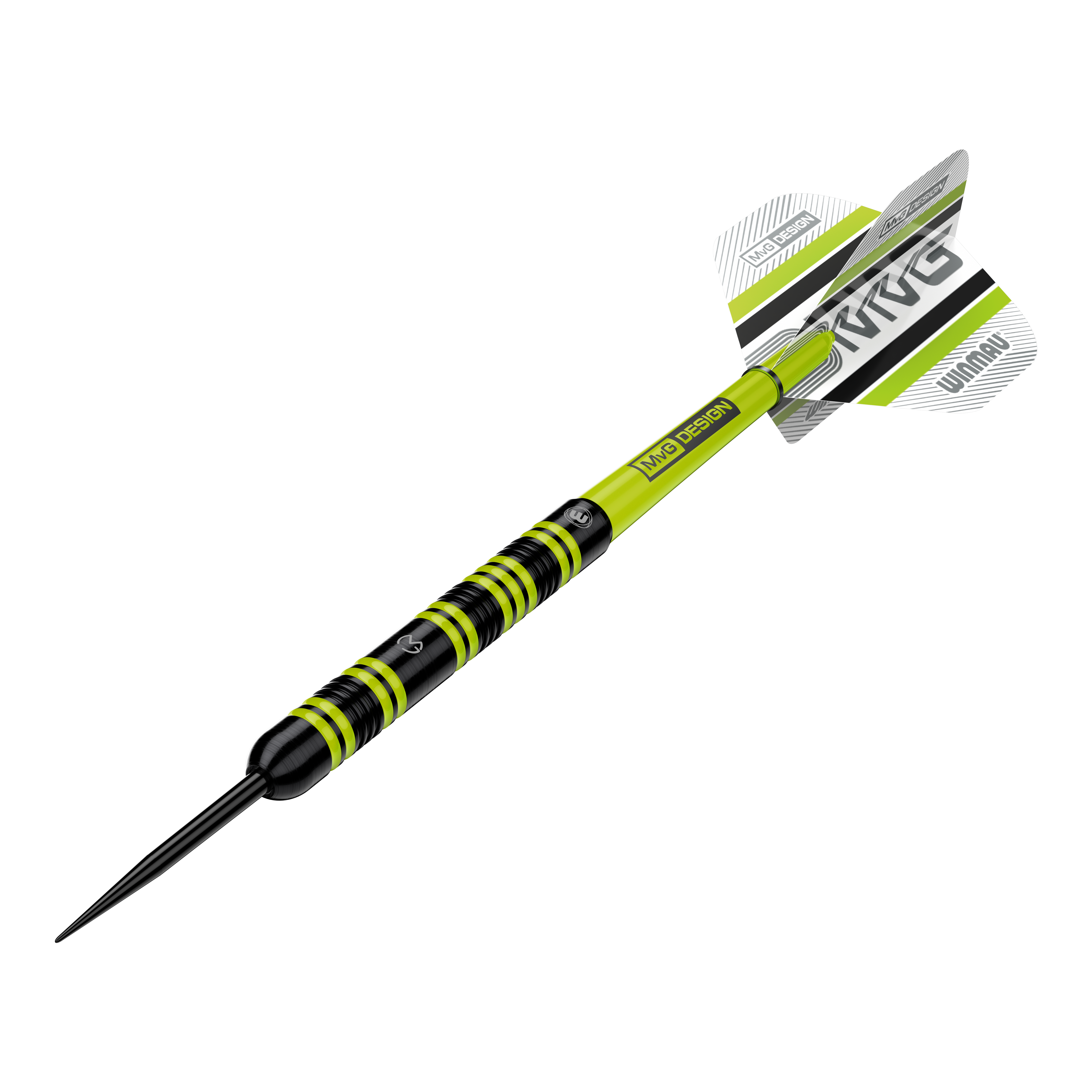 Winmau Michael Van Gerwen 85 Pro-Series stalen dartpijlen Das Bild zeigt einen Winmau Michael Van Gerwen 85 Pro-Series Steeldart. Der Dart hat ein auffälliges Design mit schwarzen und leuchtend grünen Akzenten sowie einem MVG-Logo auf den Flights.