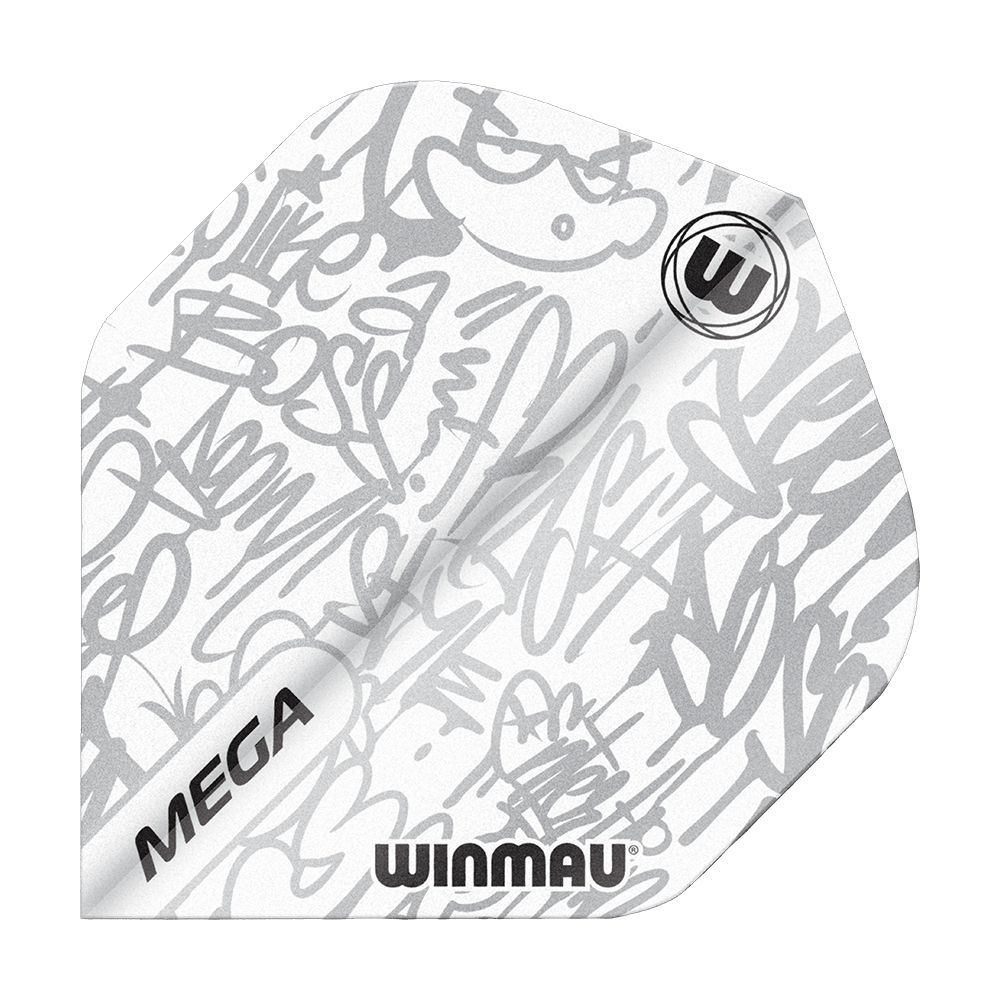 6900-243_Winmau_Mega_White_Standard_Flights_1NR1qZyPZMePPO Das Bild zeigt ein Winmau Mega White Standard Dartflight. Das Flight ist weiß mit grauen, abstrakten Graffiti-Mustern und trägt die Aufschriften "MEGA" und "WINMAU".