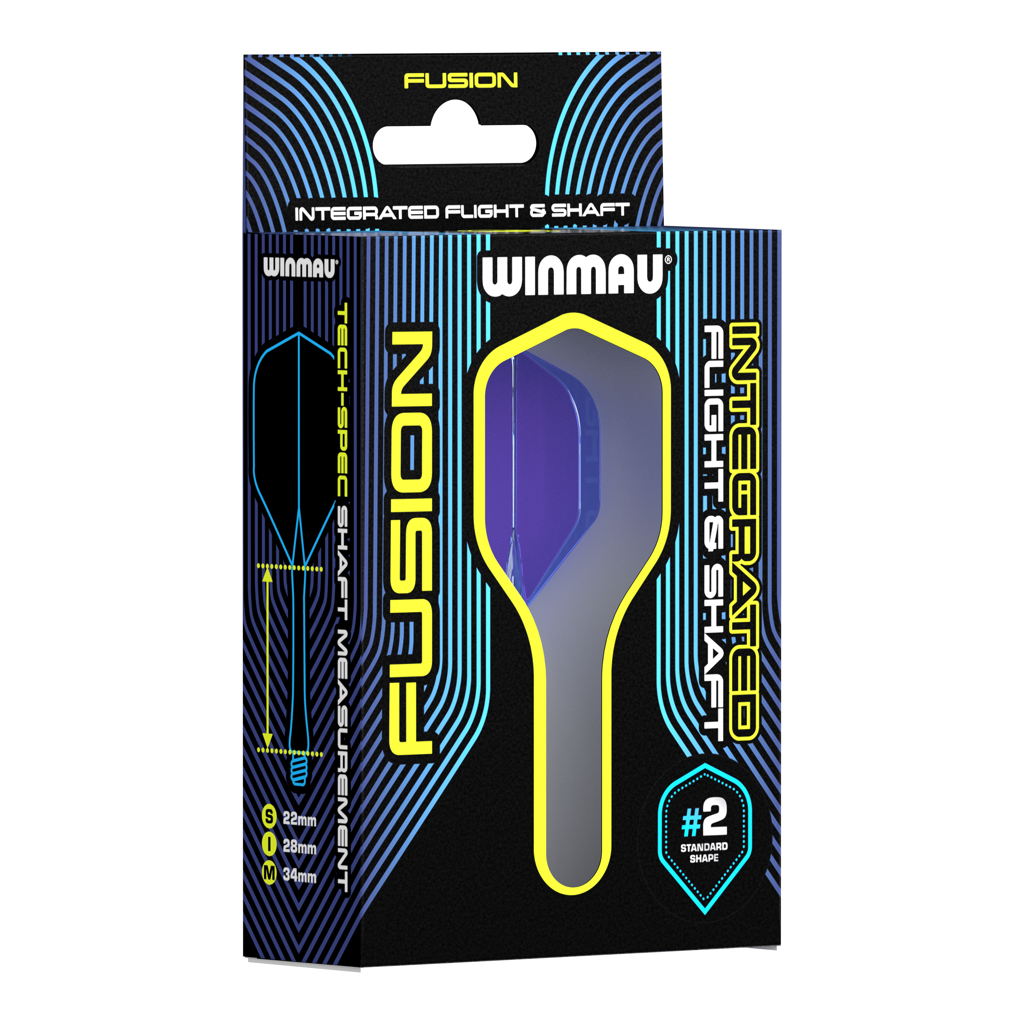Winmau Fusion Flight Shaft System Standaard Blauw Auf dem Bild ist eine Verpackung des Winmau Fusion Integrated Flight & Shaft Systems zu sehen. Die abgebildete Variante ist blau und hat eine Länge von 22 mm (#2 Standardform).