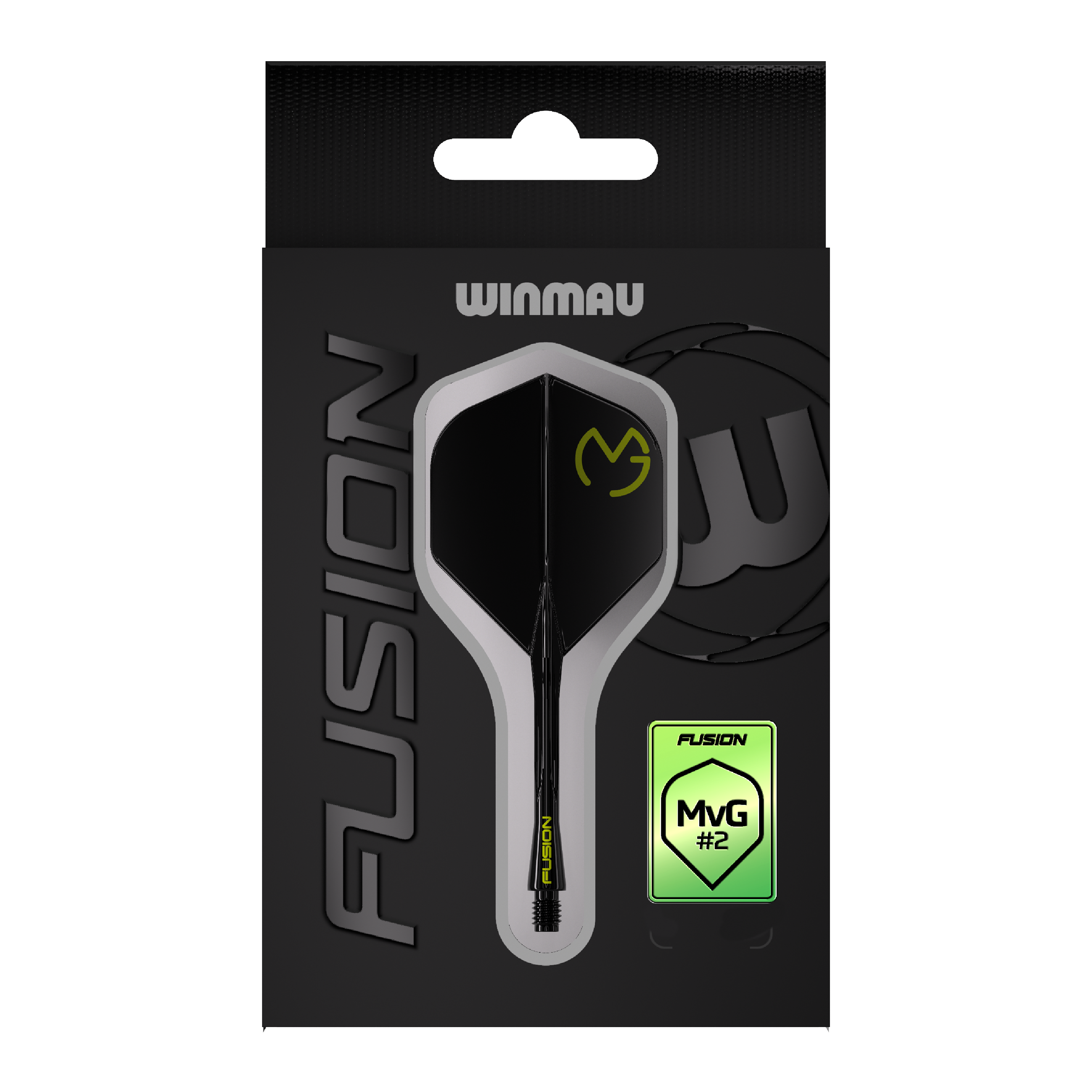Winmau Fusion Flight Shaft-systeem Michael Van Gerwen Pacman No2 standaard Das Bild zeigt die Verpackung des Winmau Fusion Flight-Shaft-Systems Michael Van Gerwen Pacman Nr. 2 Standard. Das Produkt ist schwarz mit gelben Akzenten gestaltet und trägt das MVG-Logo.