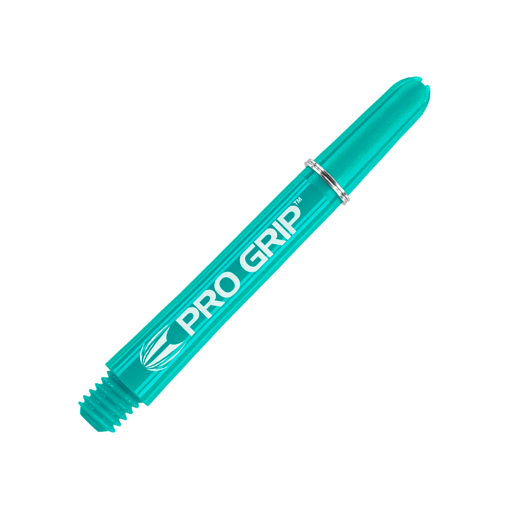 110847_Target_Pro_Grip_Shafts_Aqua_41mm_2 Das Bild zeigt einen aqua-blauen Pro Grip Schaft für Darts. Im Hintergrund sind mehrere gleiche Schäfte zu sehen, die ein Muster bilden.