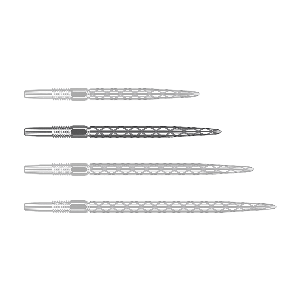 Target Swiss Diamond Pro Silver Points dartpunten Auf dem Bild sind vier silberne Dartspitzen in einer Reihe zu sehen. Sie haben ein markantes Rautenmuster auf der Oberfläche.