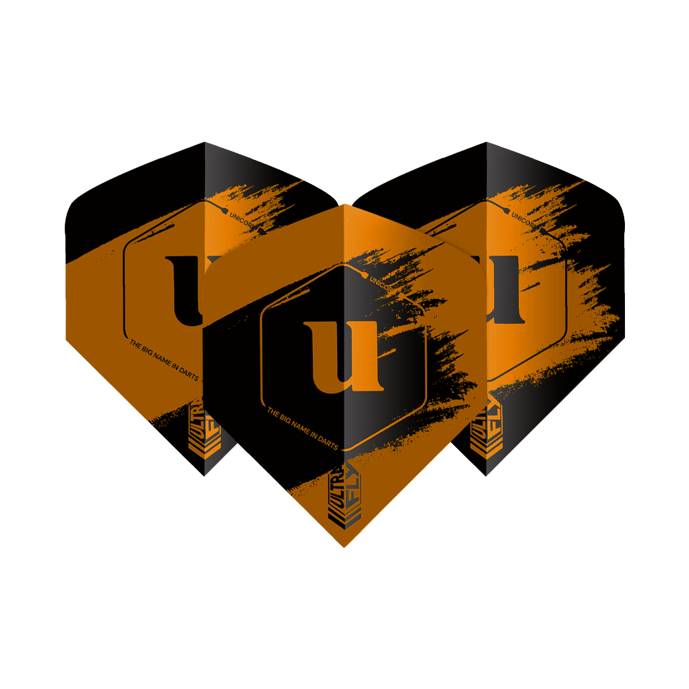 Unicorn Ultrafly 100 Team Unicorn Big Wing Vluchten - Oranje Auf dem Bild sind drei Dartflights der Marke "Unicorn Ultrafly 100 Team Unicorn Big Wing" in Orange und Schwarz zu sehen. Die Flights haben ein auffälliges Design mit einem großen "u" in der Mitte.