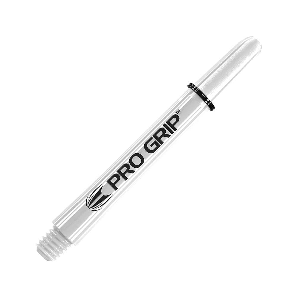 Target Pro Grip Shafts - 3 sets - Wit Dies ist ein weißer Pro Grip Dart-Schaft mit schwarzer Beschriftung. Er hat ein schlankes Design und ist mit einem Pro Grip Logo versehen.