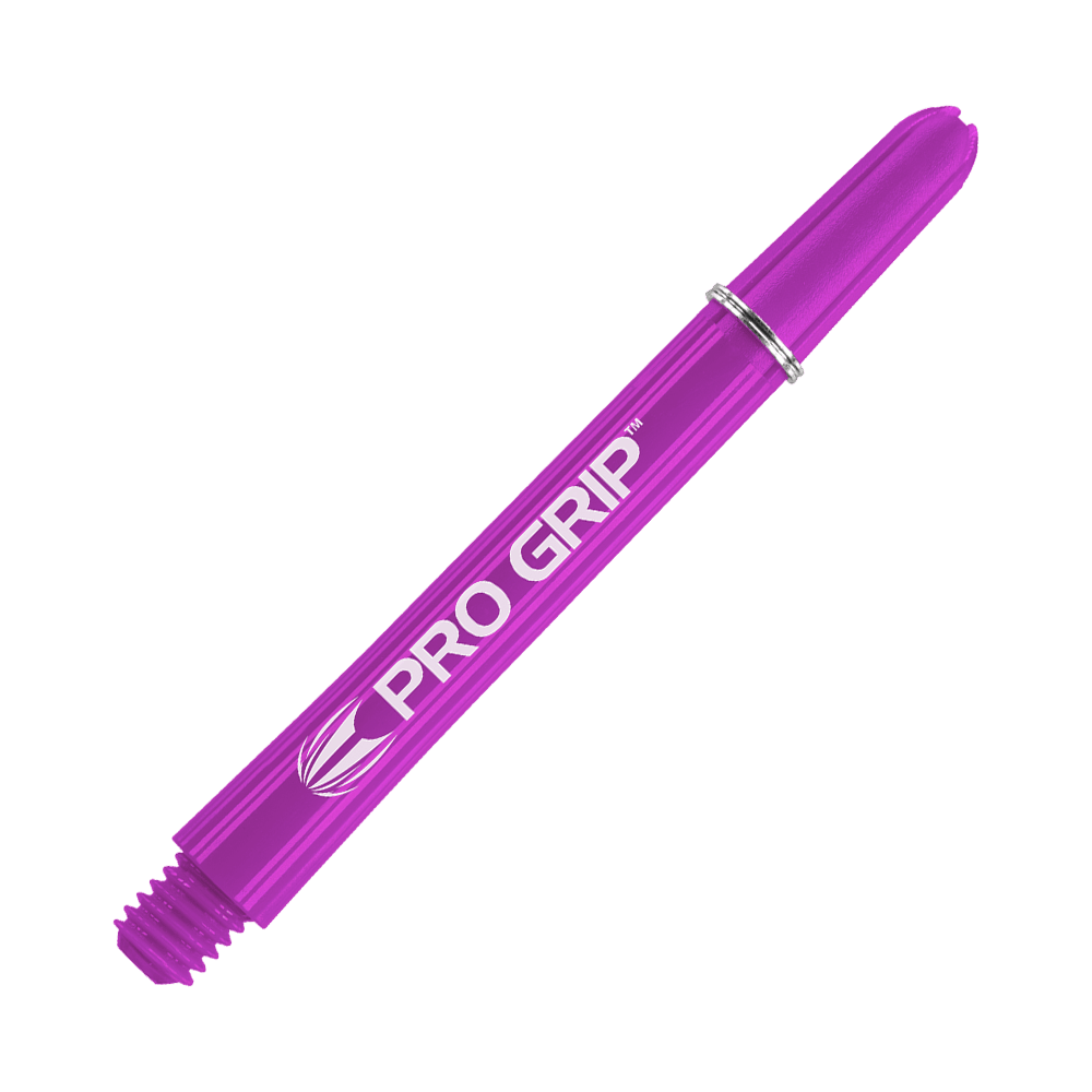 Target Pro Grip Shafts - 3 sets - Paars Das Bild zeigt einen lilafarbenen Dart-Schaft mit der Aufschrift "Pro Grip". Der Schaft ist 48 mm lang und hat ein glänzendes, glattes Design.