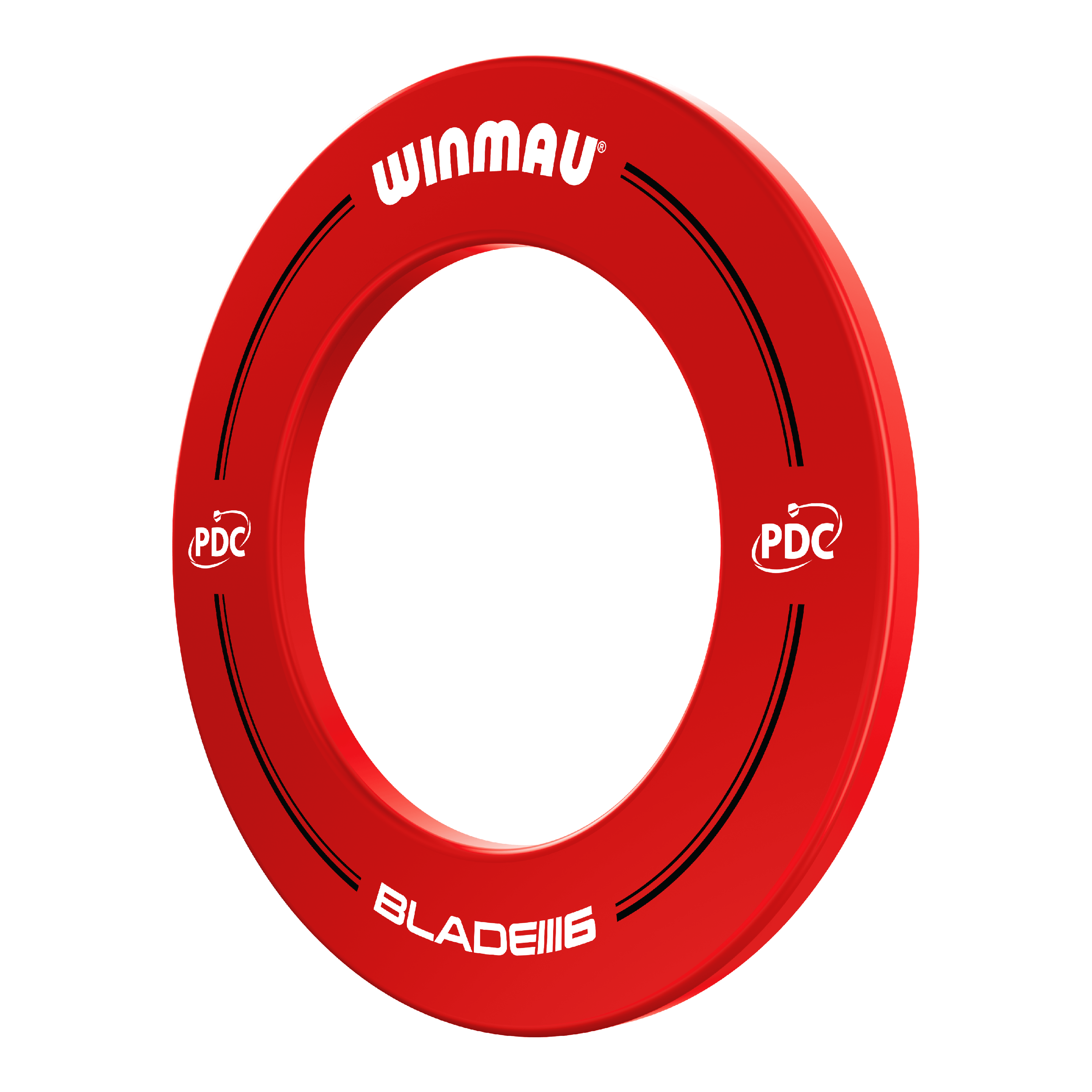Winmau PDC Dartbord Surround - Rood Das Bild zeigt einen roten Winmau PDC Dartboard Surround. Auf dem Ring stehen die Wörter "Winmau", "PDC" und "Blade 6".