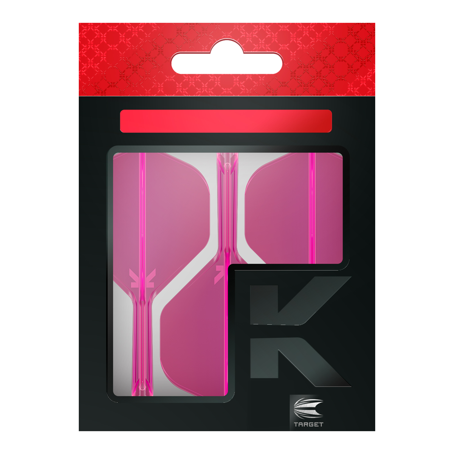 Target K-Flex No2 Standaard Vluchtsysteem - Neon Roze Das Bild zeigt eine Packung mit pinkfarbenen Dart-Flights der Marke Target. Die Verpackung ist überwiegend schwarz mit einem roten oberen Abschnitt.