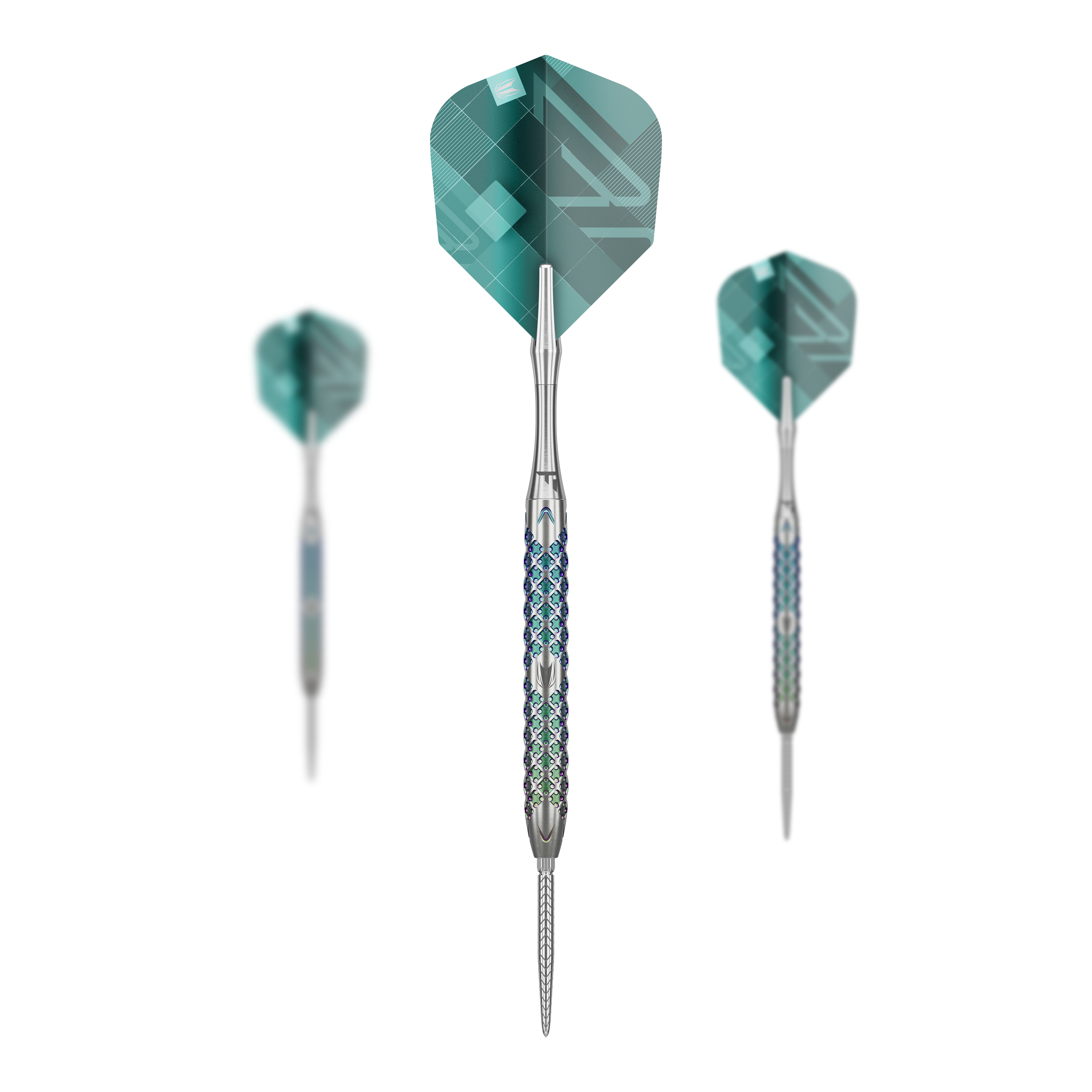 Target Rove 01 Swiss Point stalen dartpijlen Das Bild zeigt drei Steeldarts des Modells "Target Rove 01 Swiss Point". Die Darts haben silberne Spitzen und einen gemusterten, blauen und silbernen Griff sowie grünliche Flights.