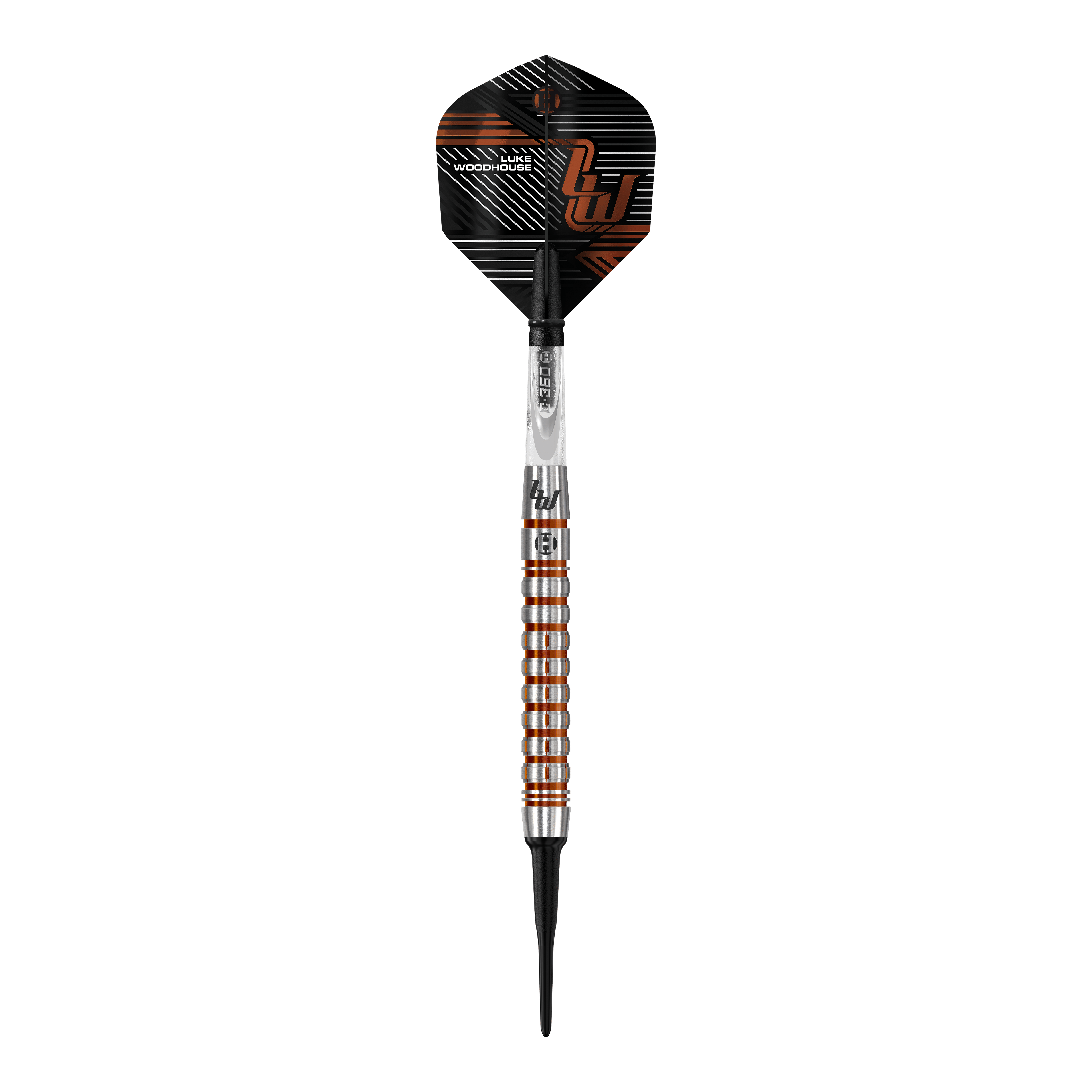 Harrow's Luke Woodhouse Series 2 Zachte Darts - 18g Das Bild zeigt den Harrows Luke Woodhouse Series 2 Softdart mit einem Gewicht von 18g. Der Dartpfeil hat ein modernes, silber-orangenes Design mit schwarzen Akzenten.