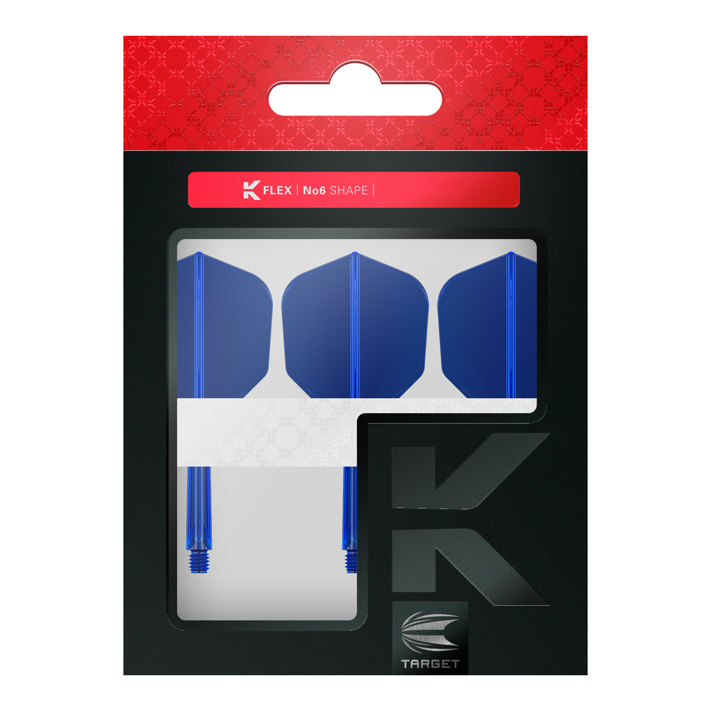 Target K-Flex No6 Flight System - Blauw Das Bild zeigt eine Verpackung mit drei blauen Dartflights und Schäften der Marke Target. Die Verpackung ist überwiegend schwarz mit einem roten oberen Bereich und Sichtfenster.