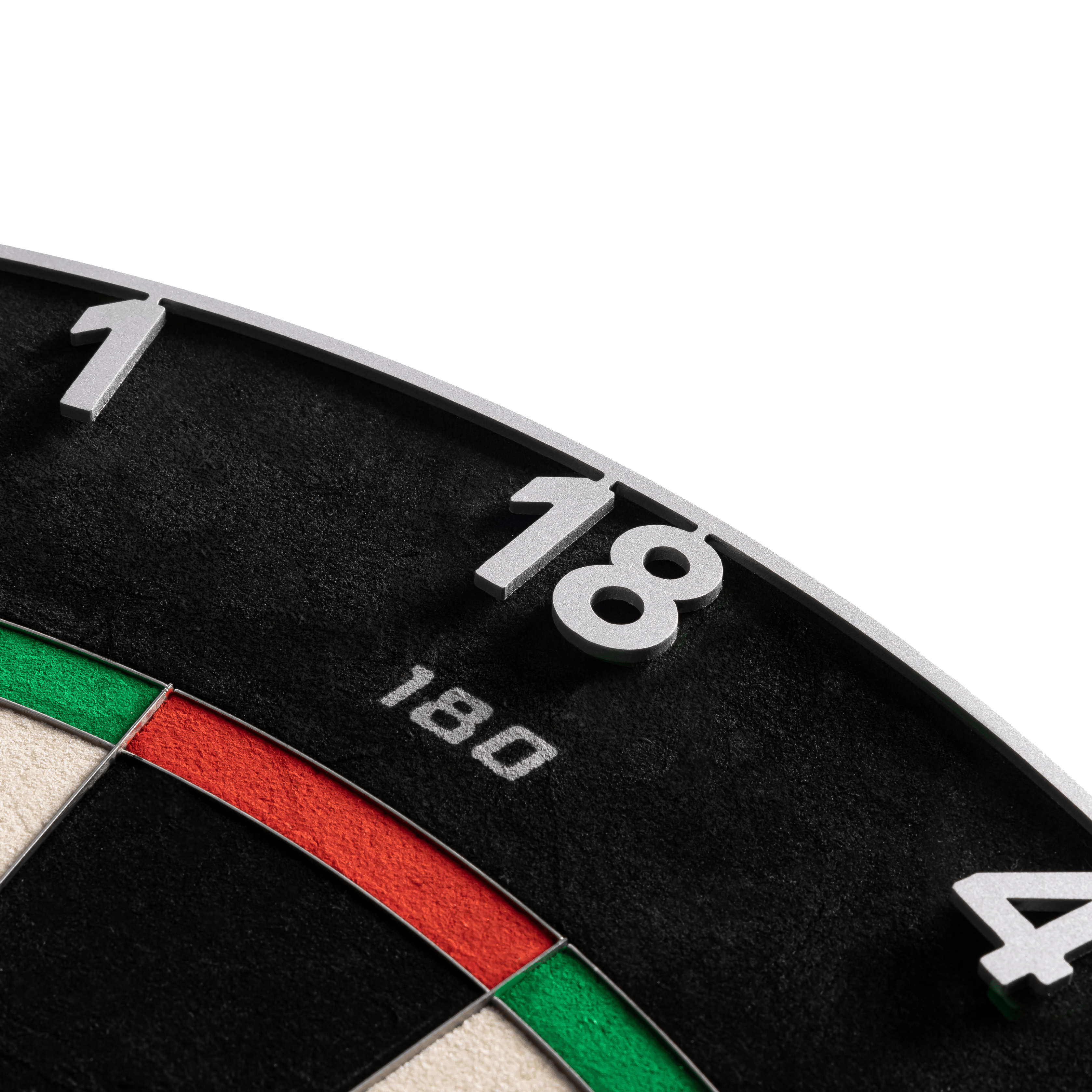 Precise 180 Endorphine Steel Dartbord met genummerde ring - Gunmetal Das Precise 180 Endorphine Steeldartboard mit Nummernring in Gunmetal wird dargestellt. Es handelt sich um ein langlebiges und präzises Dartboard für verschiedene Spiellevel.