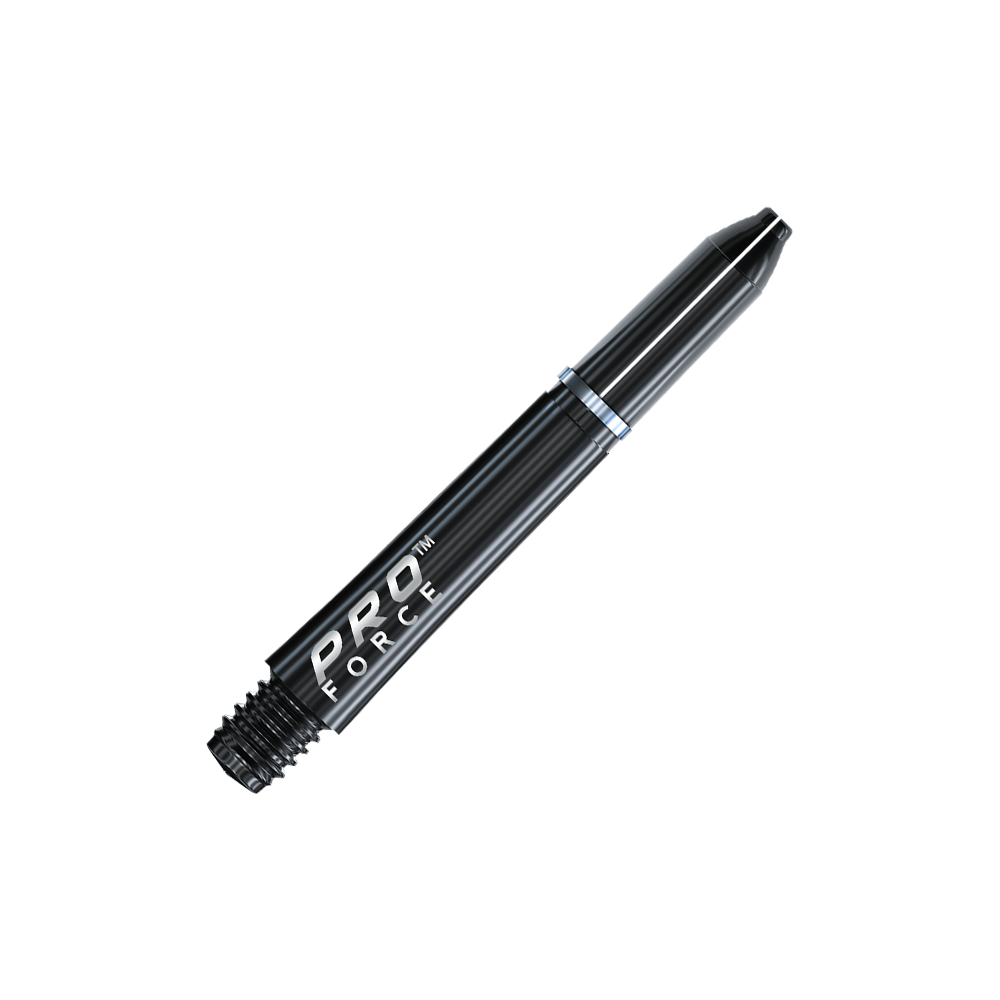 7011_101_Winmau_Pro-Force_Shafts_Schwarz_35mm_2 Das Bild zeigt einen schwarzen Winmau Pro-Force Shaft für Darts. Auf dem Produkt steht der Schriftzug "PRO FORCE" in weißen Buchstaben.