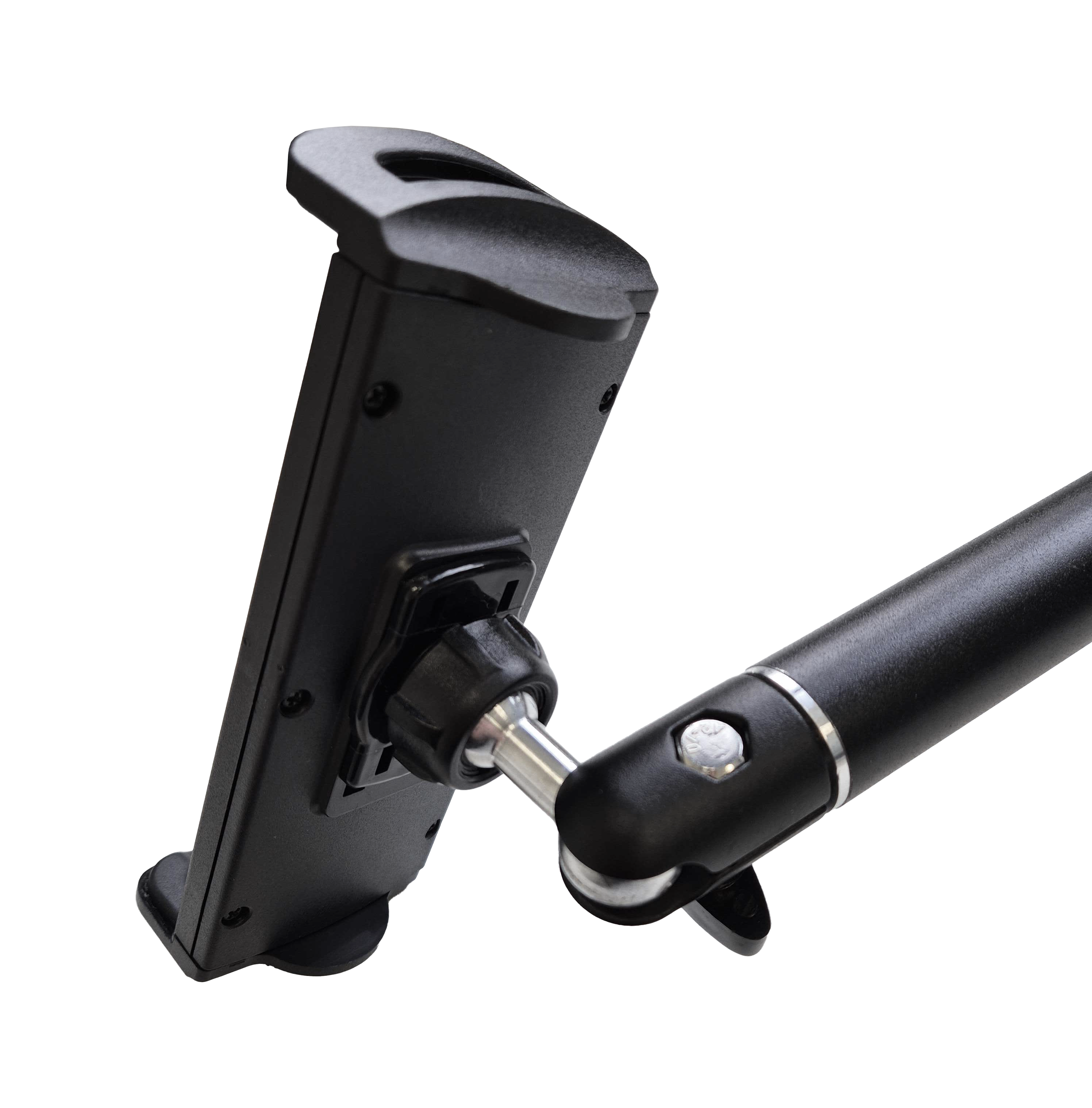 McDart TABFlex tablet muurbeugel met flexibele arm Das Bild zeigt die McDart TABFlex Tablet Wandhalterung mit flexiblem Arm. Die Halterung ist schwarz und lässt sich einstellen, um ein Tablet sicher zu befestigen.