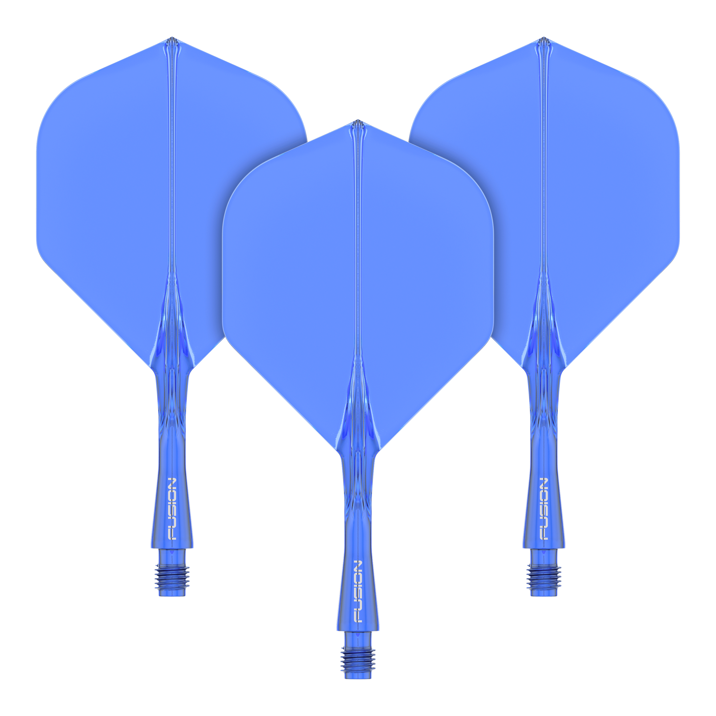 Das Bild zeigt drei blaue Dart-Flights mit Schäften des Winmau Fusion Flight Shaft Systems. Sie sind in einer Reihe angeordnet und jeder Schaft ist 22 mm lang.