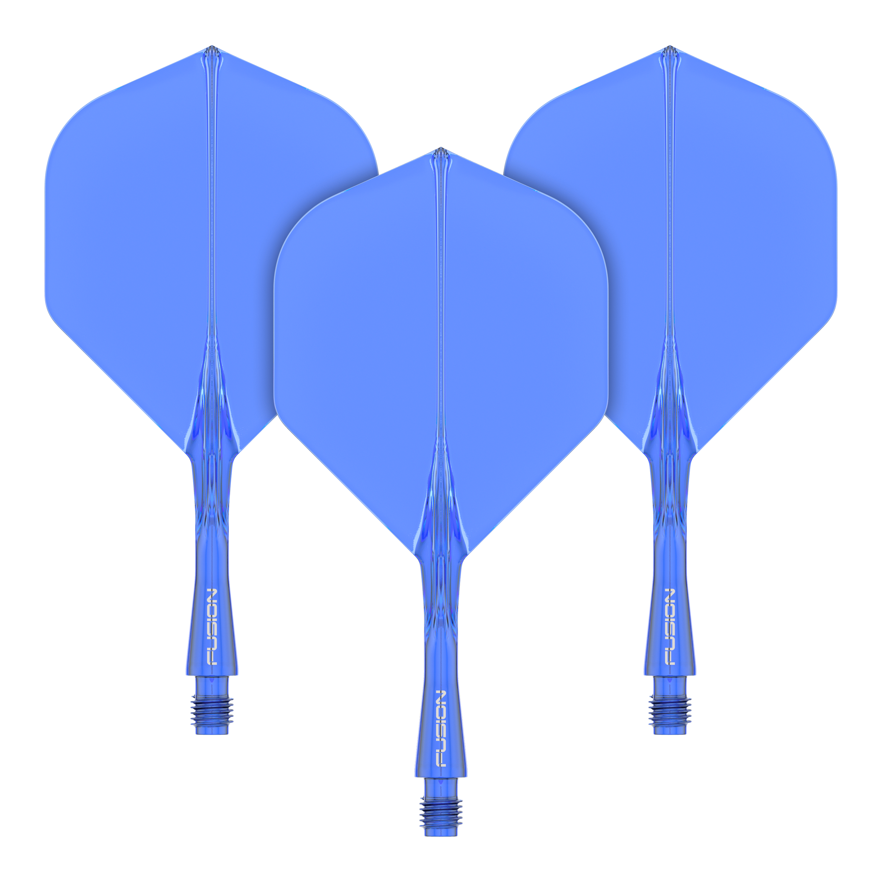 Winmau Fusion Flight Shaft System Standaard Blauw Das Bild zeigt drei blaue Dart-Flights mit Schäften des Winmau Fusion Flight Shaft Systems. Sie sind in einer Reihe angeordnet und jeder Schaft ist 22 mm lang.