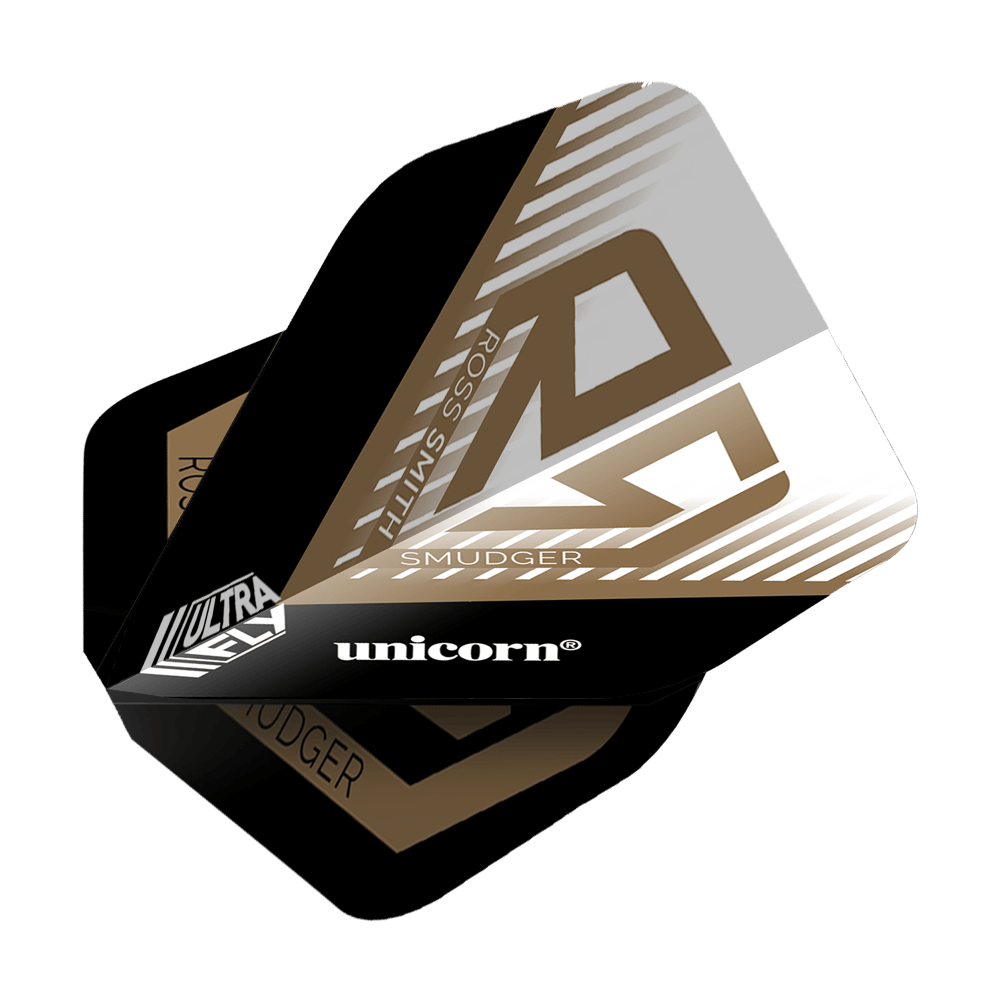 Unicorn Ultrafly 100 Ross Smith Smudger AR1-vluchten Das Bild zeigt die Dartflights "Unicorn Ultrafly 100 Ross Smith Smudger AR1". Die Flights sind schwarz, weiß und gold gestaltet und tragen den Namen des Spielers sowie das Unicorn-Logo.