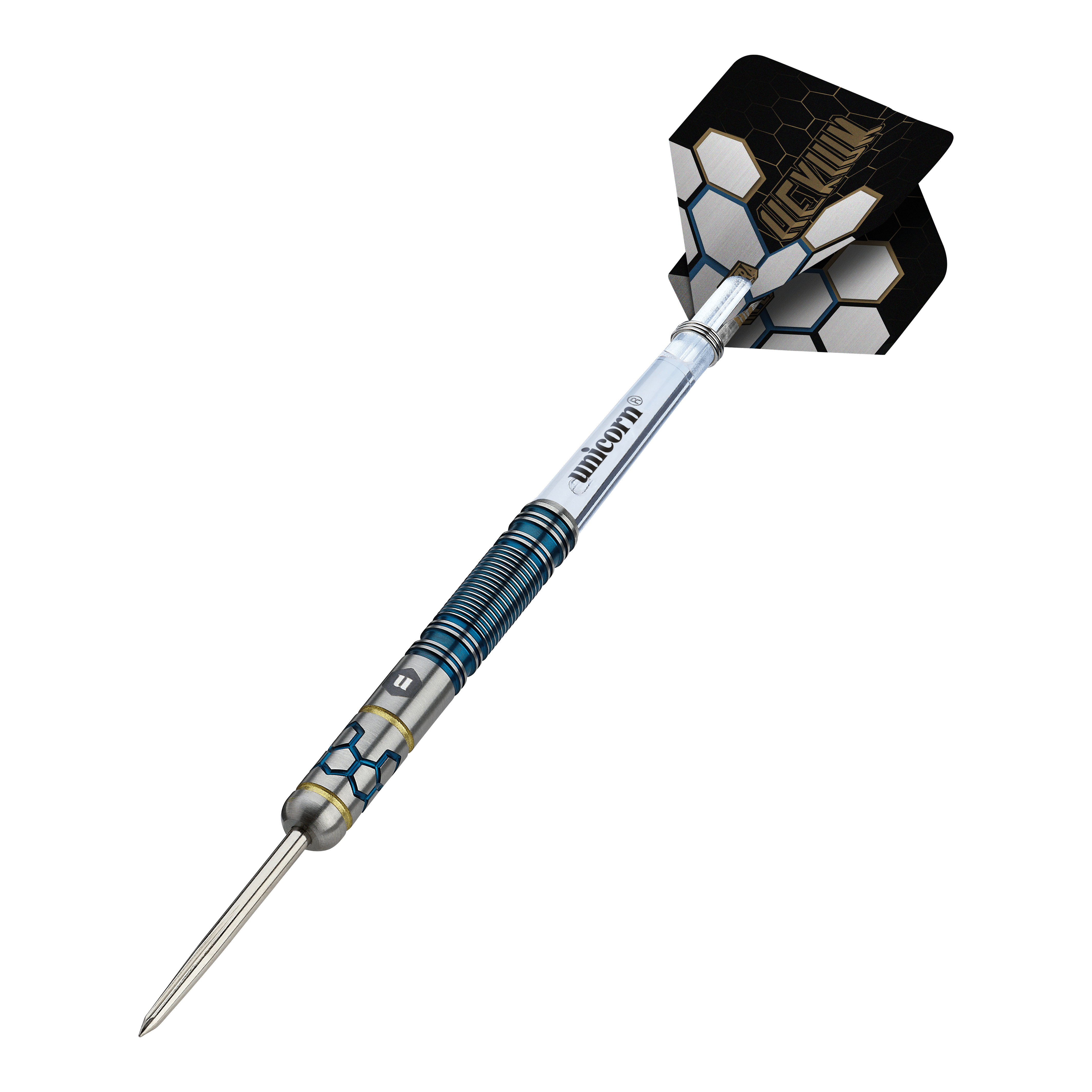 Unicorn Hexium Style 02 Blauw & Goud Steeldarts Das Foto zeigt die Unicorn Hexium Style 02 Blue & Gold Steeldarts. Es handelt sich um hochwertige Steeldarts in Blau und Gold.