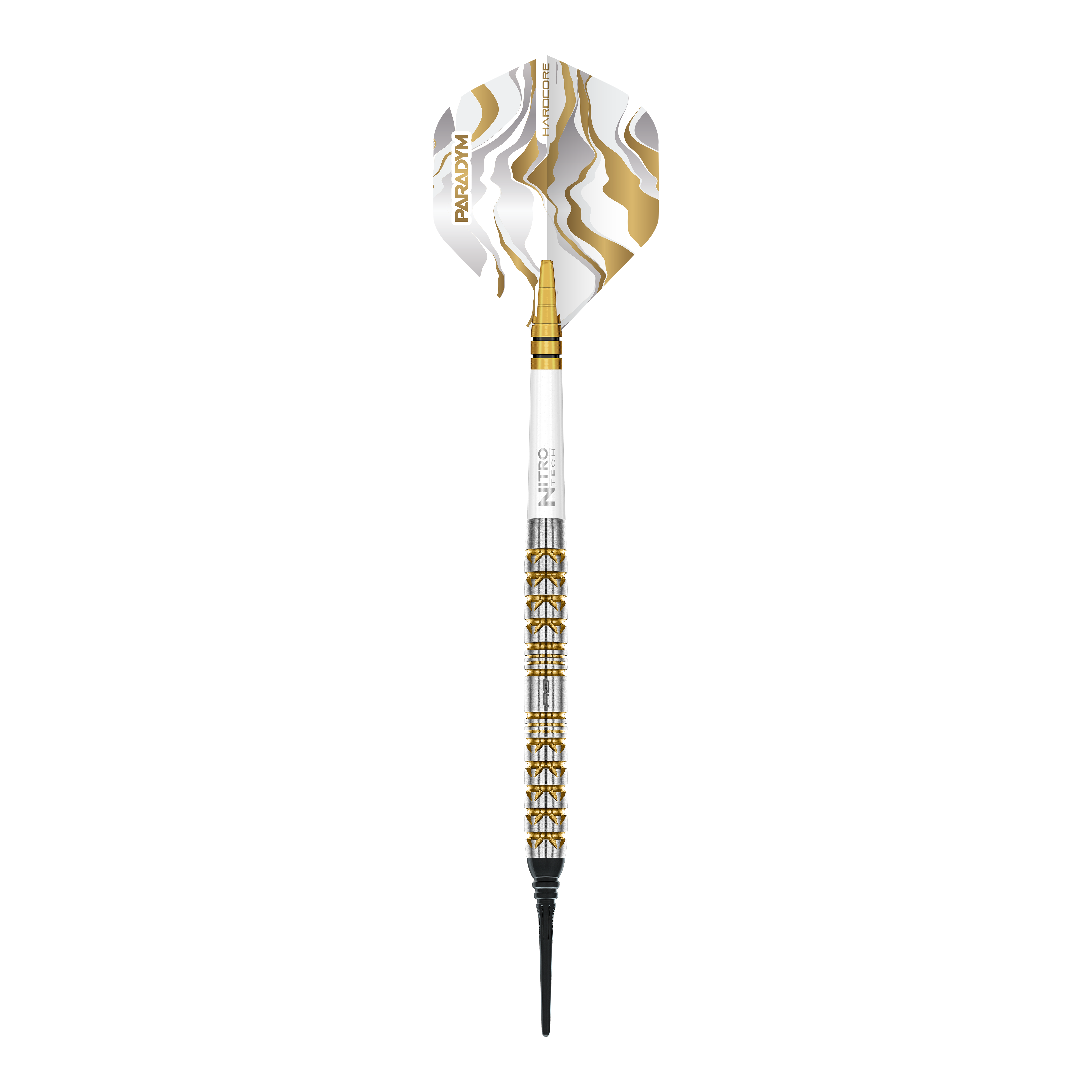 Red Dragon Paradym Gold Parallel Softdarts - 20g Das Bild zeigt die Red Dragon Paradym Gold Parallel Softdarts mit einem Gewicht von 20g. Die Darts sind goldfarben und haben ein modernes Design.