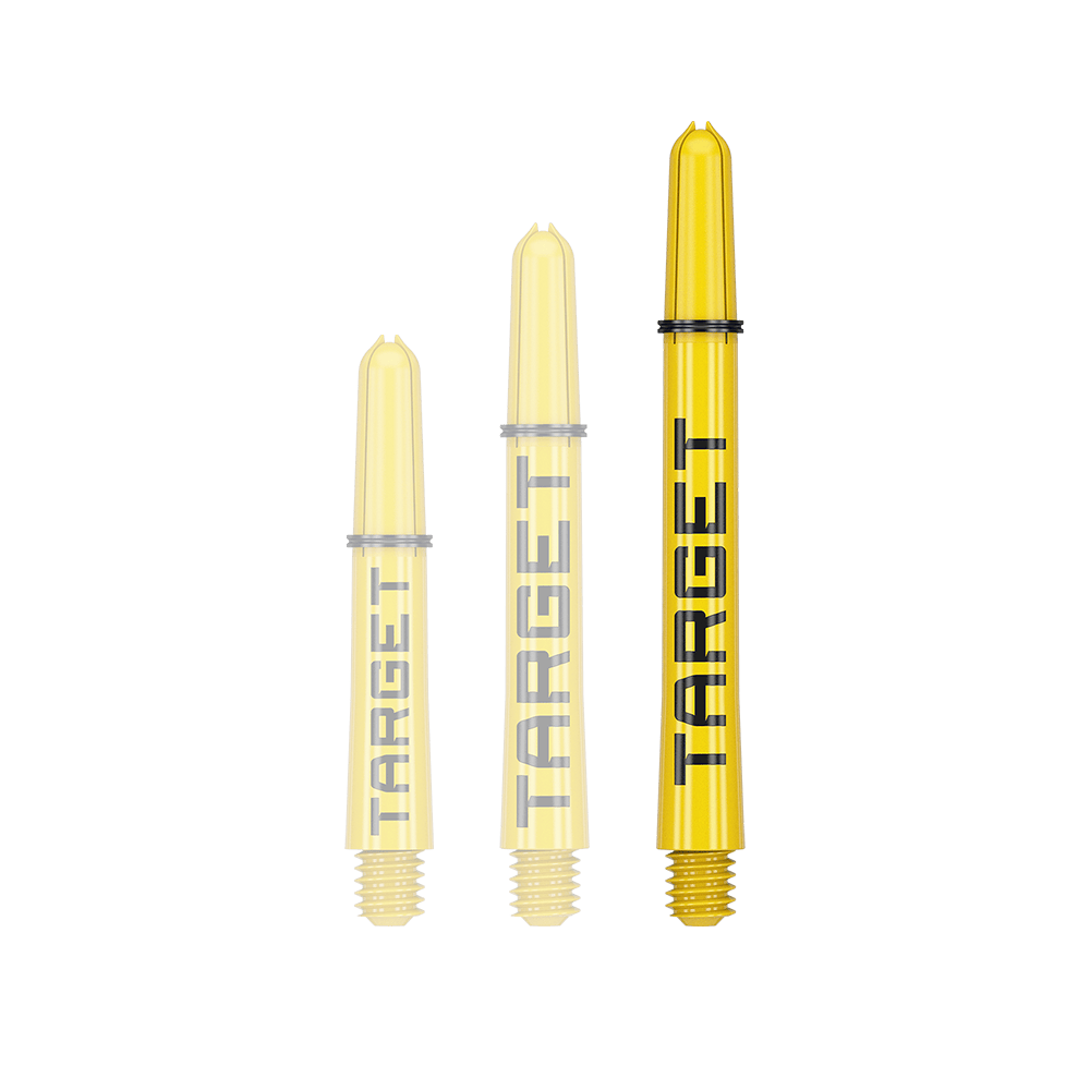 Target Pro Grip TAG Shafts - 3 sets - Geel Das Bild zeigt drei gelbe Dartschäfte in verschiedenen Längen. Auf jedem Schaft steht das Wort "TARGET" in schwarzer Schrift.