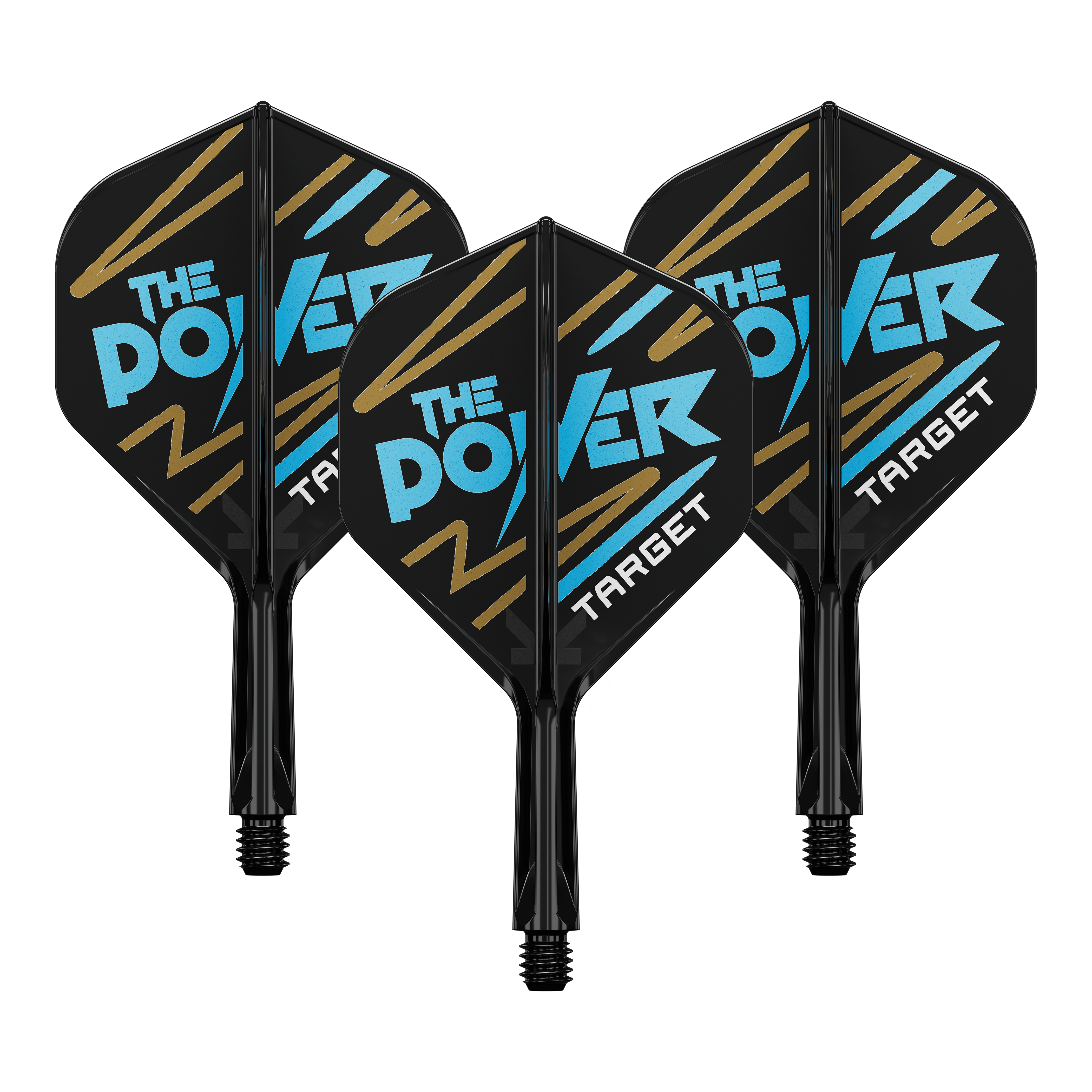 Auf dem Bild sind drei Dartflights mit schwarzem Hintergrund zu sehen. Auf den Flights steht in blauer und weißer Schrift "THE POWER" und unten "TARGET".