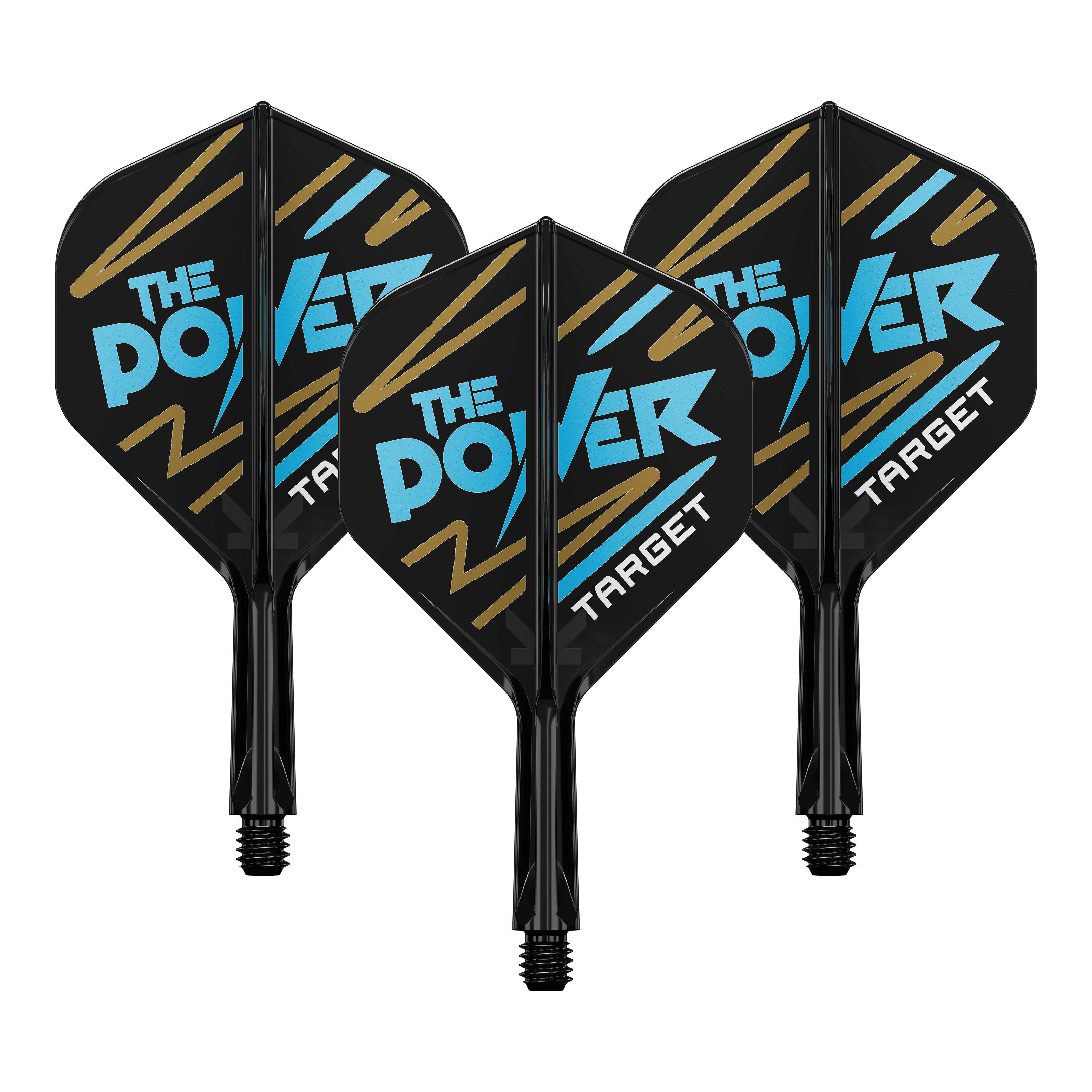 Target K-Flex Phil Taylor No2 Standaard Vluchtas Systeem Auf dem Bild sind drei Dartflights mit schwarzem Hintergrund zu sehen. Auf den Flights steht in blauer und weißer Schrift "THE POWER" und unten "TARGET".