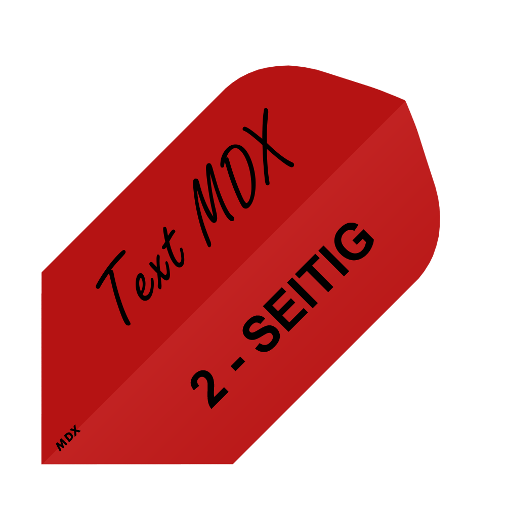 MD-457_2-Seitig_Bedruckte_Flights_Wunschtext_MDX_Rot_Slim_1 Das Bild zeigt einen roten, bedruckten Dartflight mit der Aufschrift "Text MDX" und "2-SEITIG". Es handelt sich um ein Produkt für individuell bedruckte Flights im MDX Slim-Format.