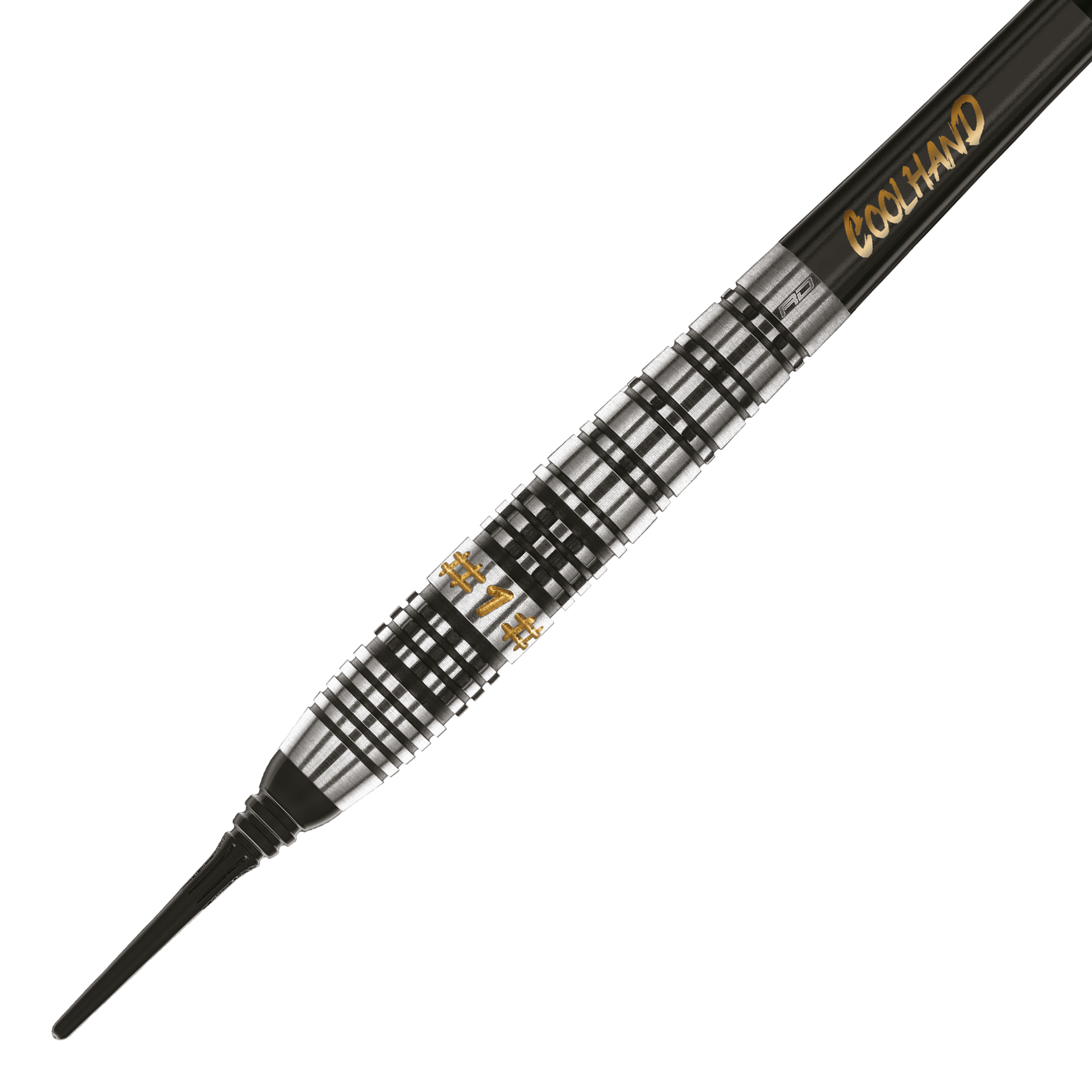 Das Bild zeigt einen Softdart namens "Red Dragon Luke Humphries Prestige Softdarts - 20g". Der Dart hat ein silber-schwarzes, geriffeltes Design mit goldener Schrift.