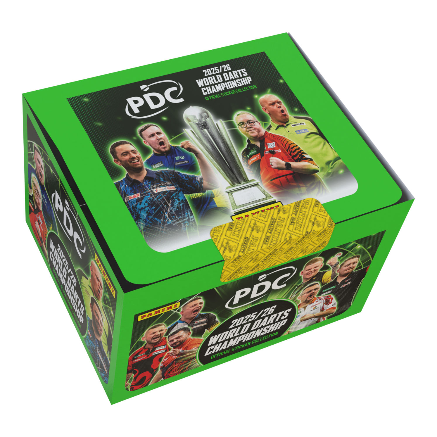 Panini PDC World Darts Championship 2025/26 - Stickerbox met 65 pakketten Zu sehen ist die Panini PDC World Darts Championship 2025/26 Stickerbox mit 65 Tüten. Die Stickerbox enthält viele Tüten zum Tauschen und Kleben.