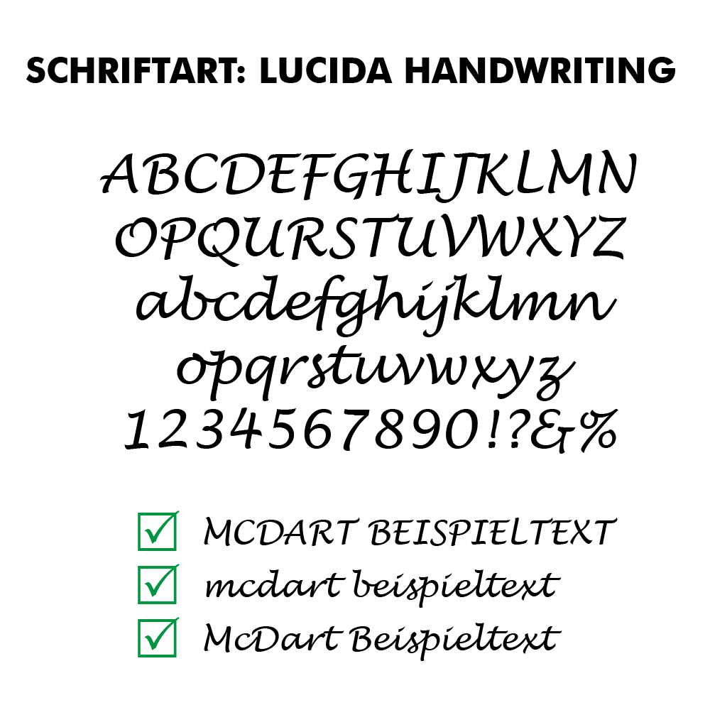 Flightdruck_Schriftart_LucidaHandwritingQaHJWqJ9gjEzF Das Bild zeigt die Schriftart "Lucida Handwriting" mit Beispielen für Groß- und Kleinbuchstaben, Zahlen und Sonderzeichen. Außerdem sind drei Beispieltexte in dieser Schriftart mit grünen Häkchen dargestellt.