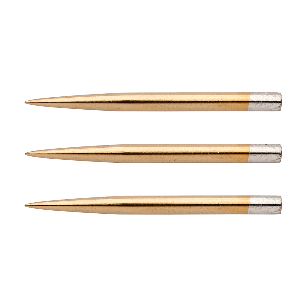 8377_Winmau_Gold_Nitrid_Coated_Steeldart_Spitzen_32mm_1 Das Bild zeigt drei goldfarbene Winmau Gold Nitrid beschichtete Steeldart Spitzen mit einer Länge von 32 mm. Die Spitzen sind schlank und haben am hinteren Ende einen silbernen Abschnitt.