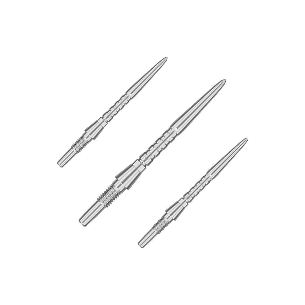 Target Swiss Point Storm Surge stalen dartpunten - zilver Auf dem Bild sind drei silberne Steeldartspitzen abgebildet. Sie sind schmal, metallisch und haben ein präzises, geriffeltes Design.
