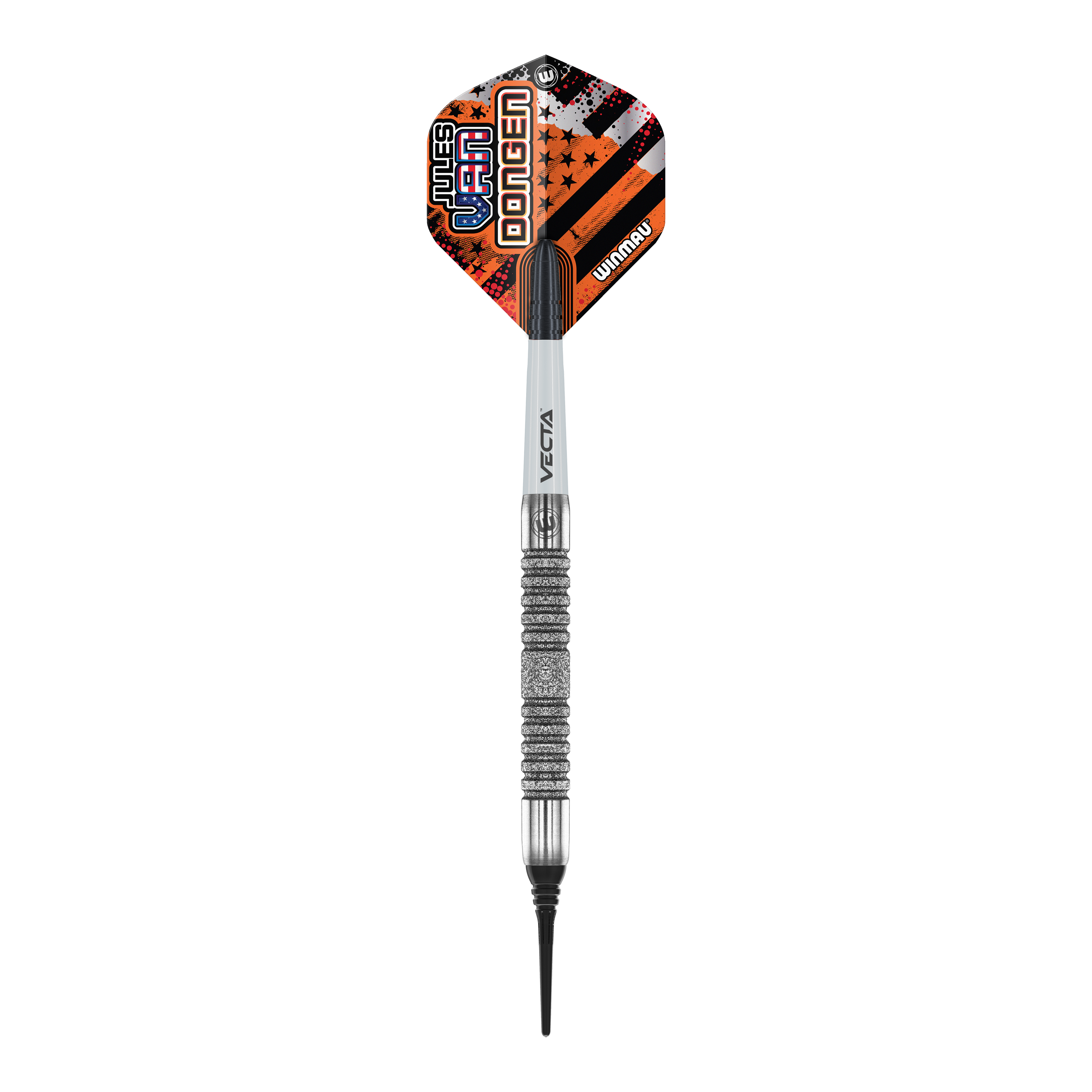 Winmau Jules Van Dongen zachte dartpijlen - 20g Das Bild zeigt einen Winmau Jules Van Dongen Softdart mit einem Gewicht von 20 Gramm. Der Dartpfeil hat ein auffälliges Flight-Design in Orange, Schwarz und Weiß mit dem Namen des Spielers darauf.