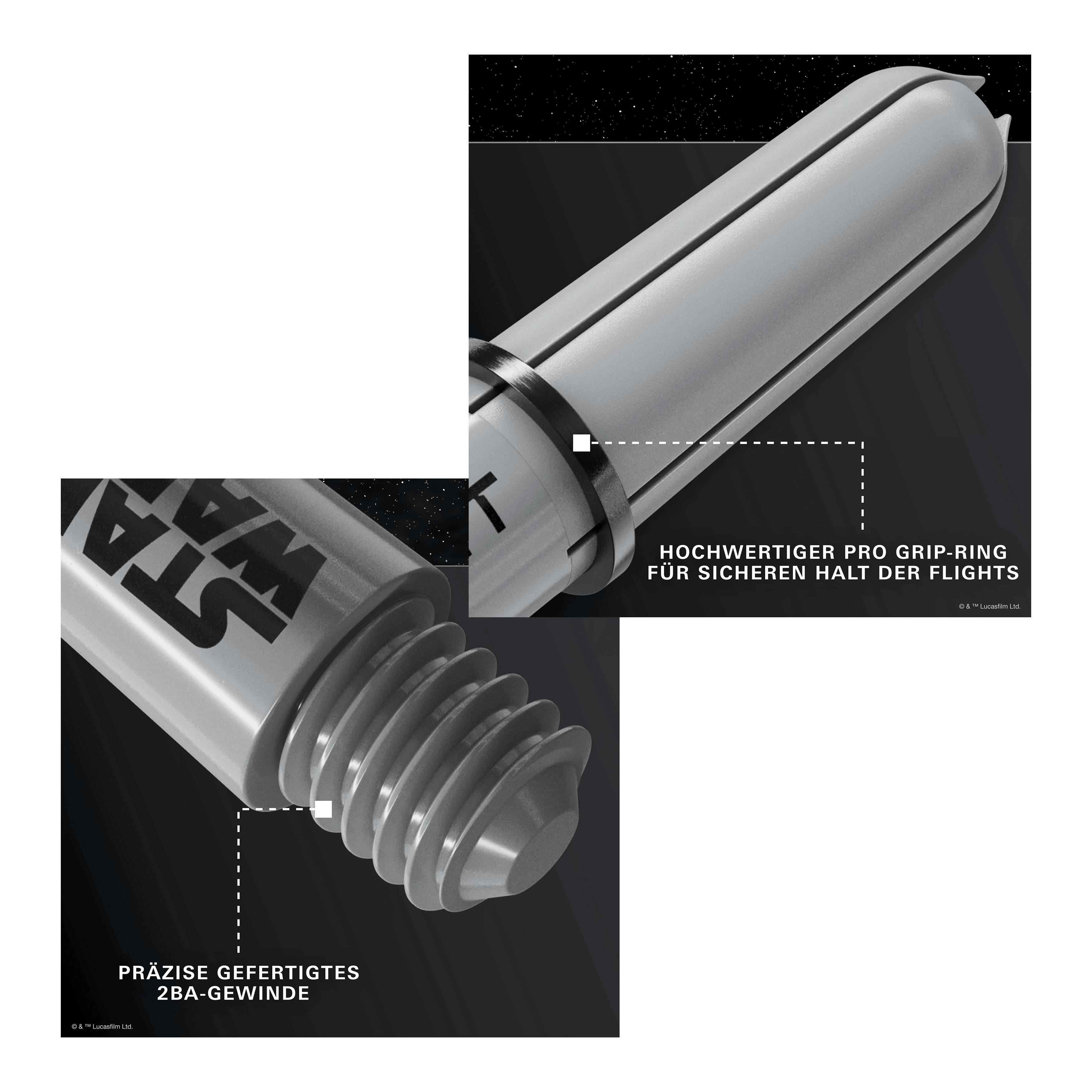 Target Star Wars ProGrip Shafts - Grijs Gezeigt wird das Produkt Target Star Wars ProGrip Shafts - Grau. Die robusten Dartschäfte sind in Grau gehalten.