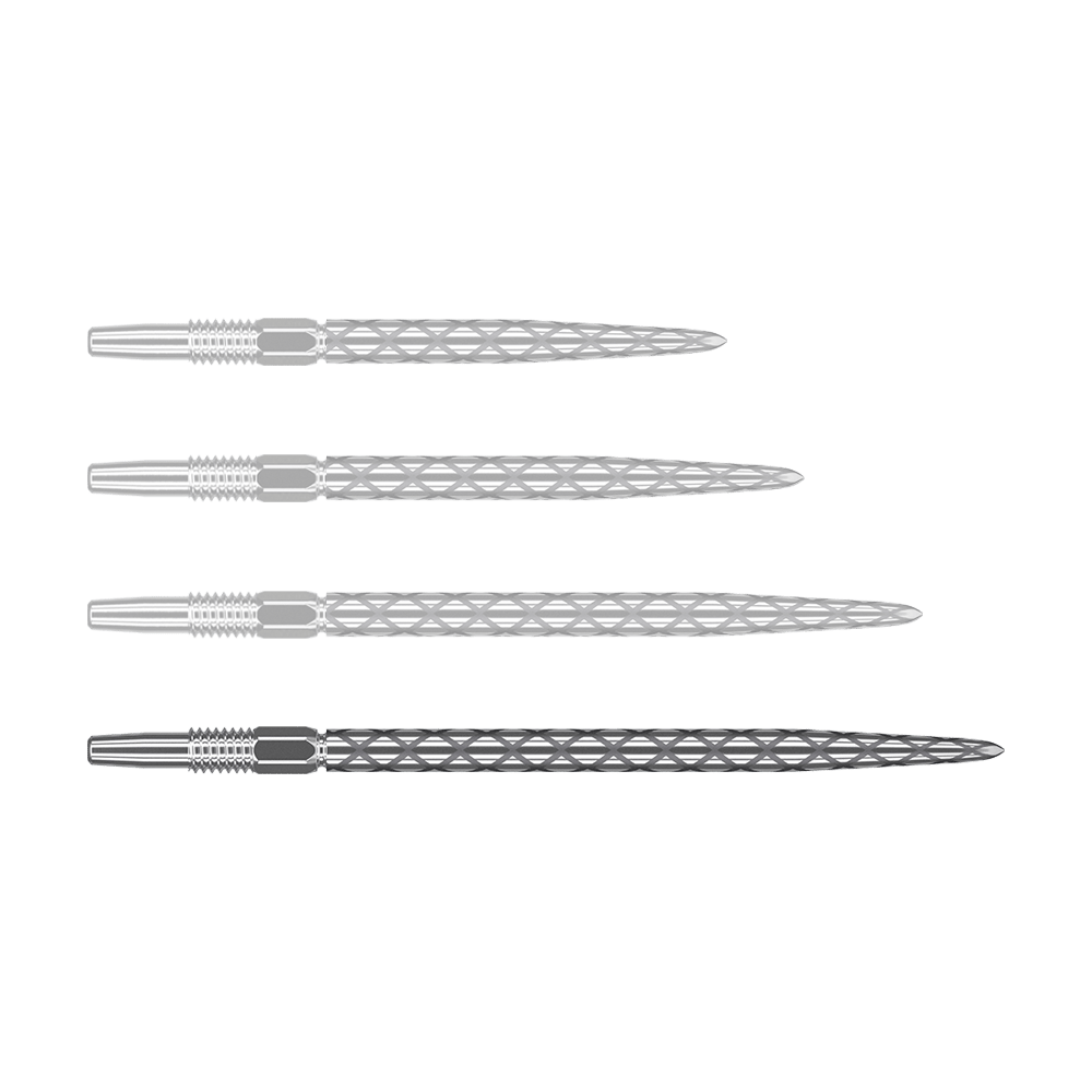 Target Swiss Diamond Pro Silver Points dartpunten Auf dem Bild sind vier silberne Dartspitzen mit einem rautenförmigen Muster zu sehen. Sie liegen waagerecht und sind gleichmäßig angeordnet.