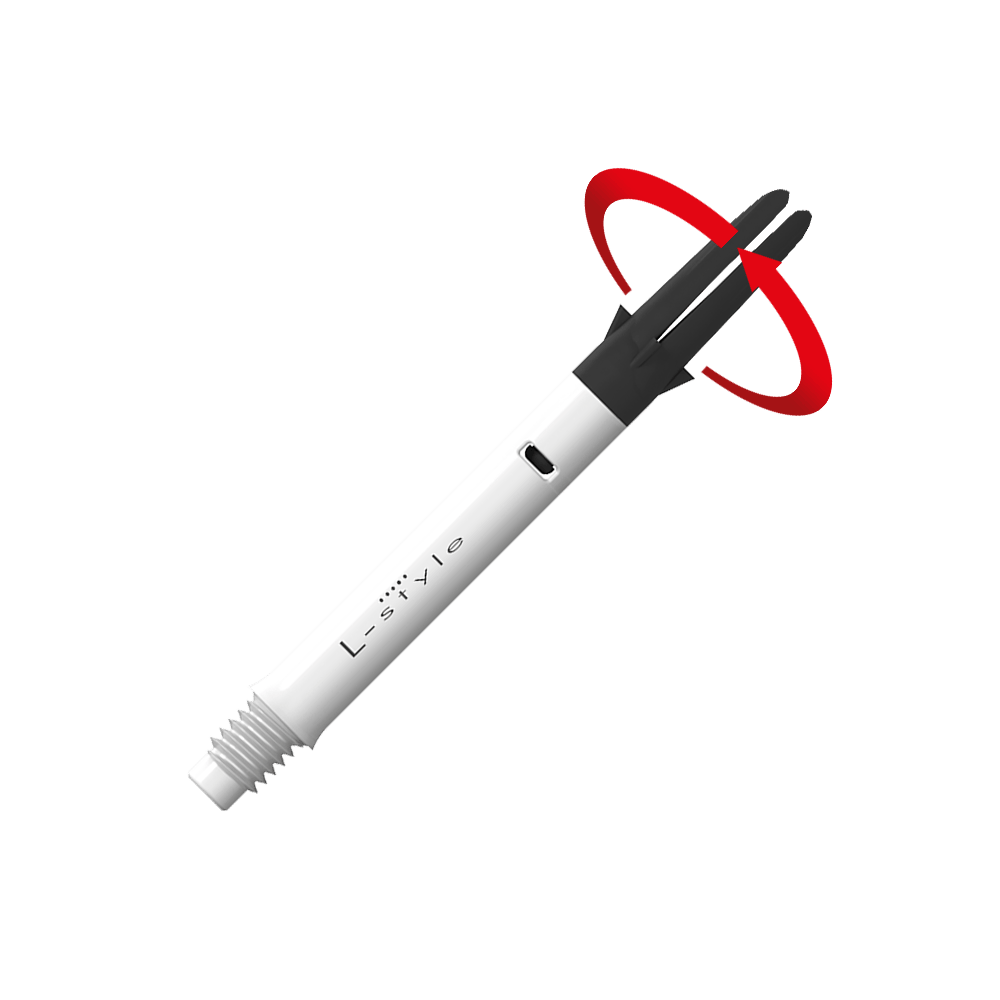 L-L-Style-Shaft Carbon Silent Straight - Wit Dies ist ein weißer Carbon-Schaft für Dartpfeile der Marke L-Style. Der obere schwarze Teil kann sich drehen, wie durch den roten Pfeil angezeigt.