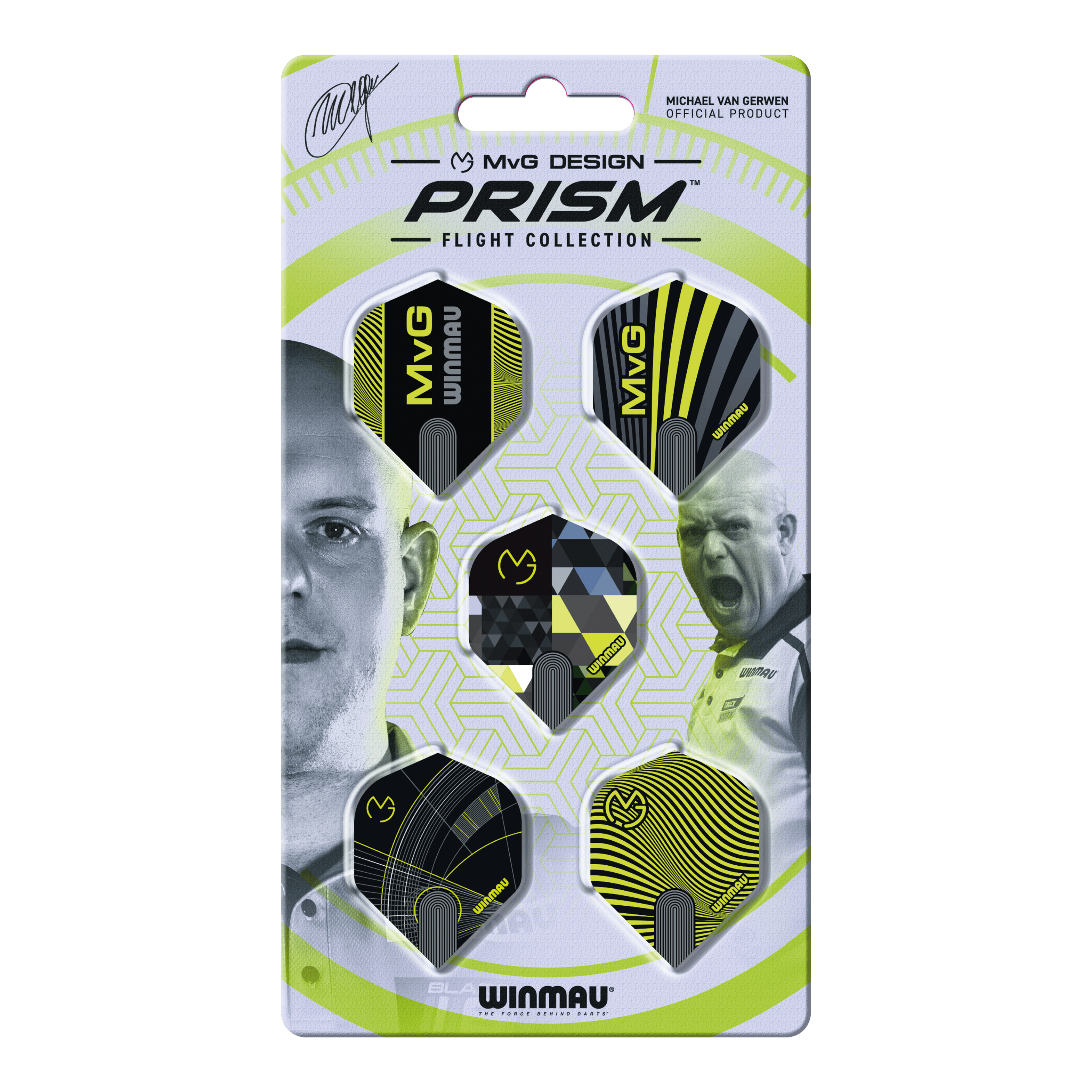 Hier ist die Winmau Michael Van Gerwen Prism No2 Standard Flight Collection zu sehen. Die Sammlung bietet verschiedene Dart Flights.