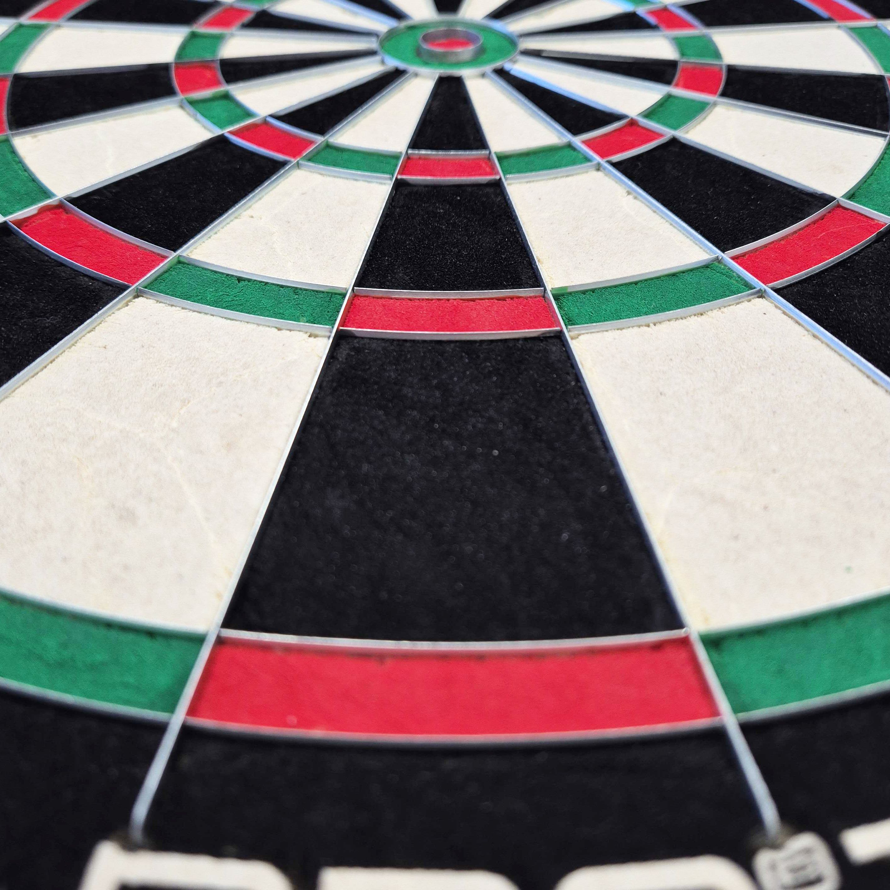Harrows Quadro 240 stalen dartbord Harrows Quadro 240 Steeldartboard wird aus einer anderen Perspektive gezeigt. Das Rundsegment ist gut zu erkennen.