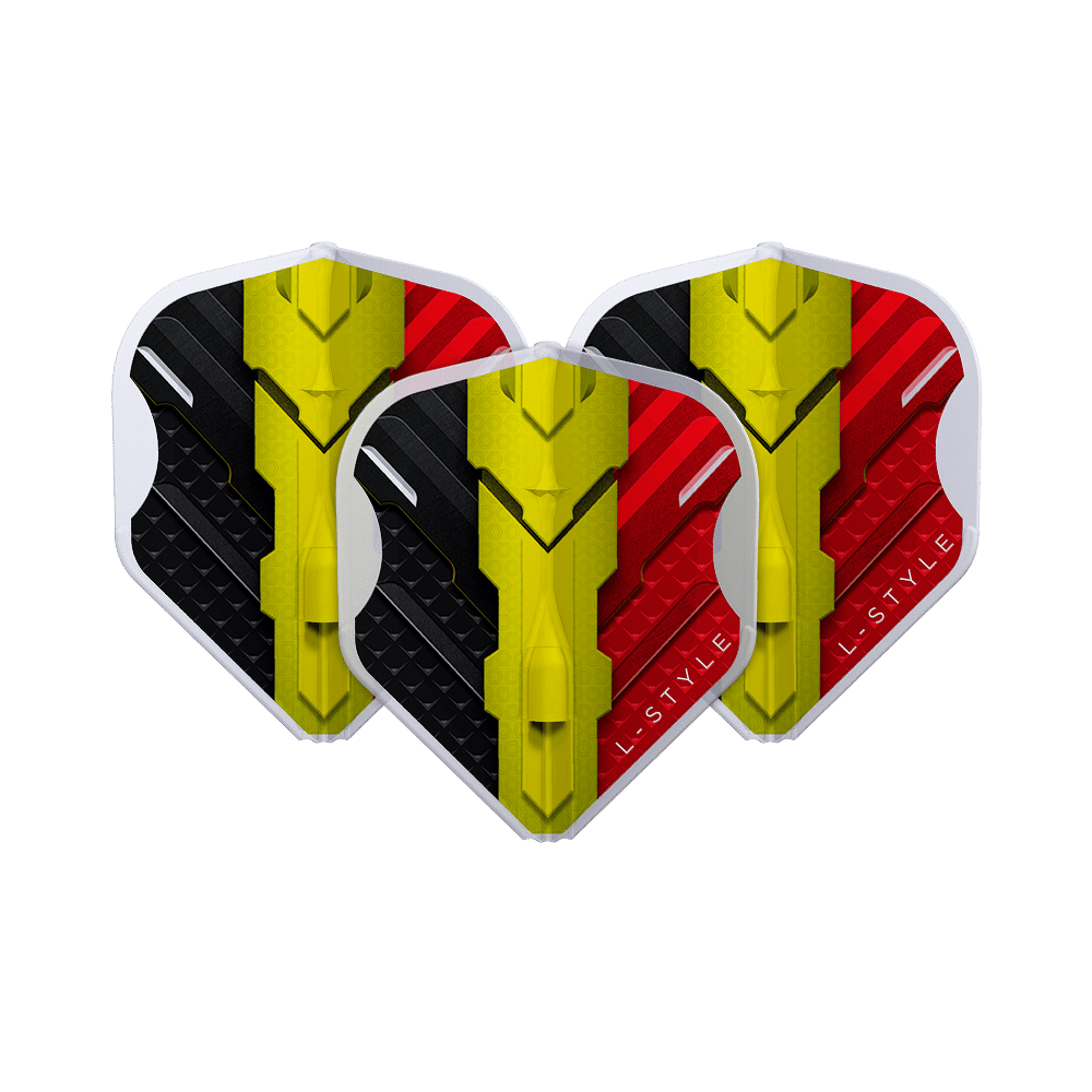 L-Style V-Serie V1 Type C België Helder Wit L1EZ Vluchten Das Bild zeigt drei Dart-Flights des Modells "L-Style V-Series V1 Type C Belgium Clear White L1EZ Flights". Die Flights sind in den Farben Schwarz, Gelb und Rot gestaltet und zeigen ein modernes Design.