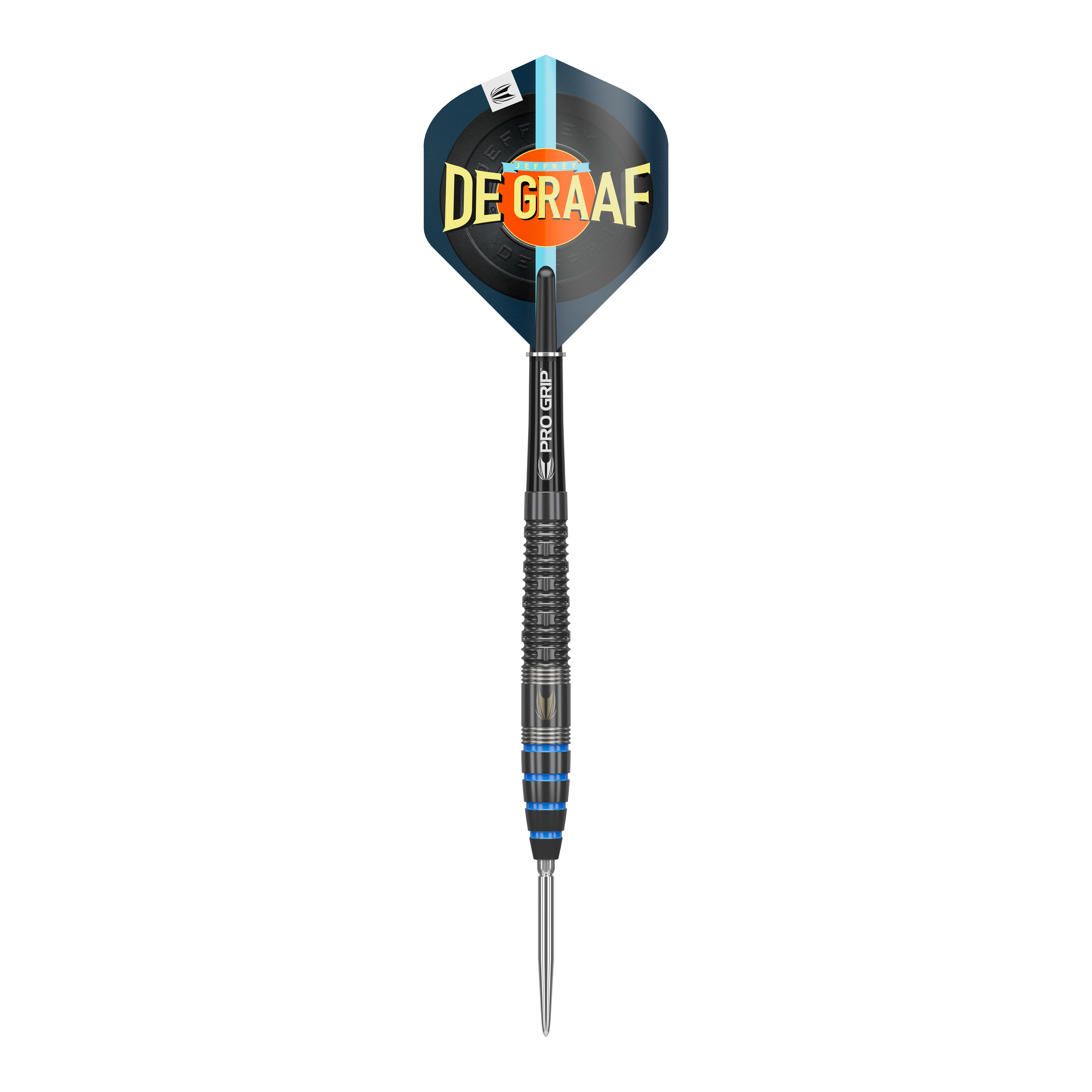 Das Bild zeigt einen Target Jeffrey De Graaf GEN1 Swiss Point Steeldart mit 23g Gewicht. Der Dart hat einen schwarzen Schaft und blaue Akzente am Griff, auf dem Flight steht "DE GRAAF".