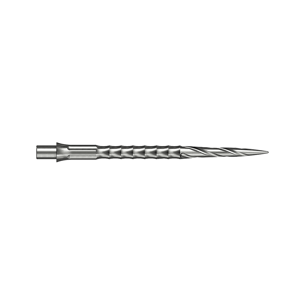 Caliburn System stalen dartpunten - Spiro - NoLip - zilver Zwei silberne Steeldartspitzen im Spiro NoLip Design sind zu sehen. Sie sind 36 mm lang und liegen nebeneinander.