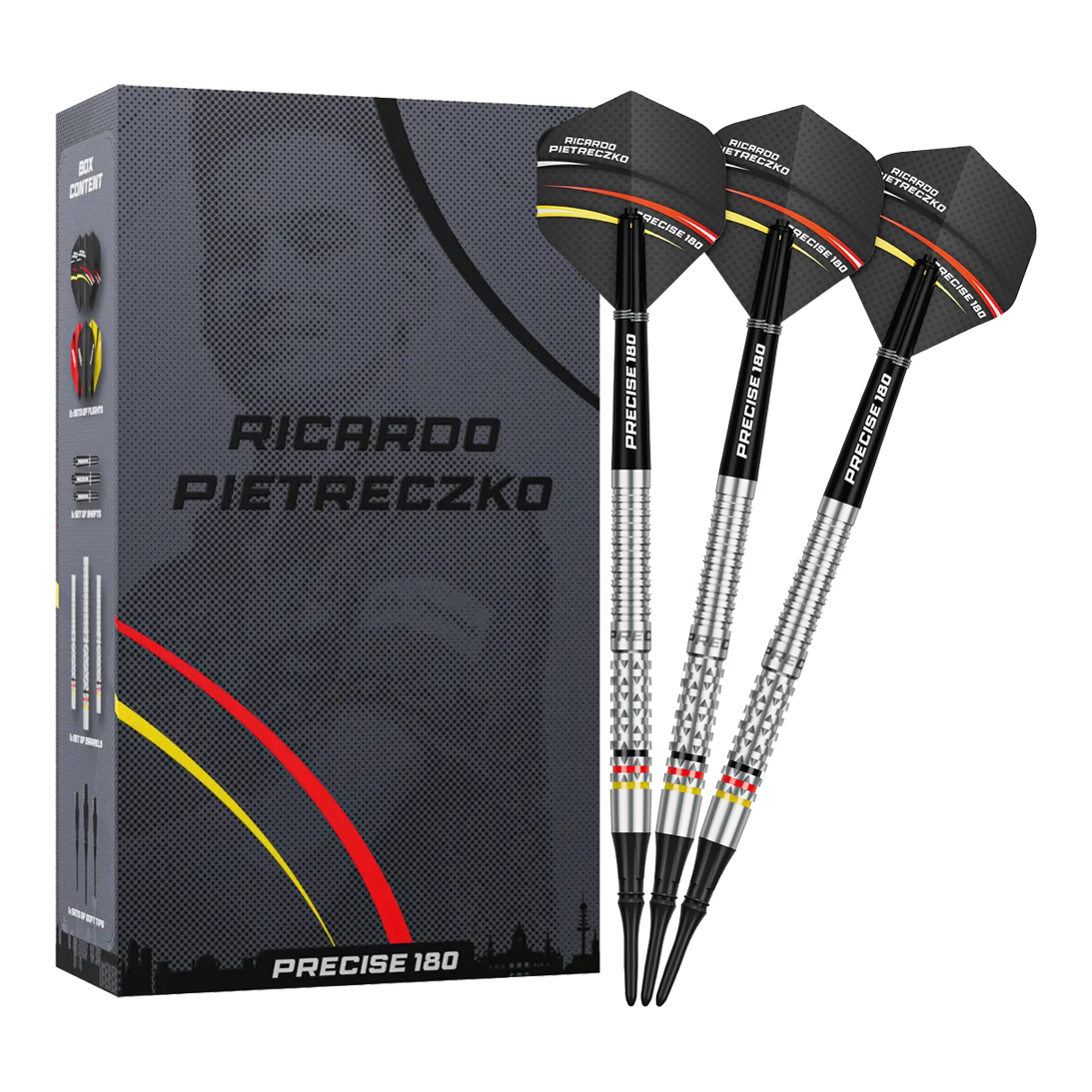 Precise 180 Ricardo Pietreczko GEN1 softdarts Gezeigt werden die Precise 180 Ricardo Pietreczko GEN1 Softdarts. Diese Softdarts zeichnen sich durch ihre Präzision aus.