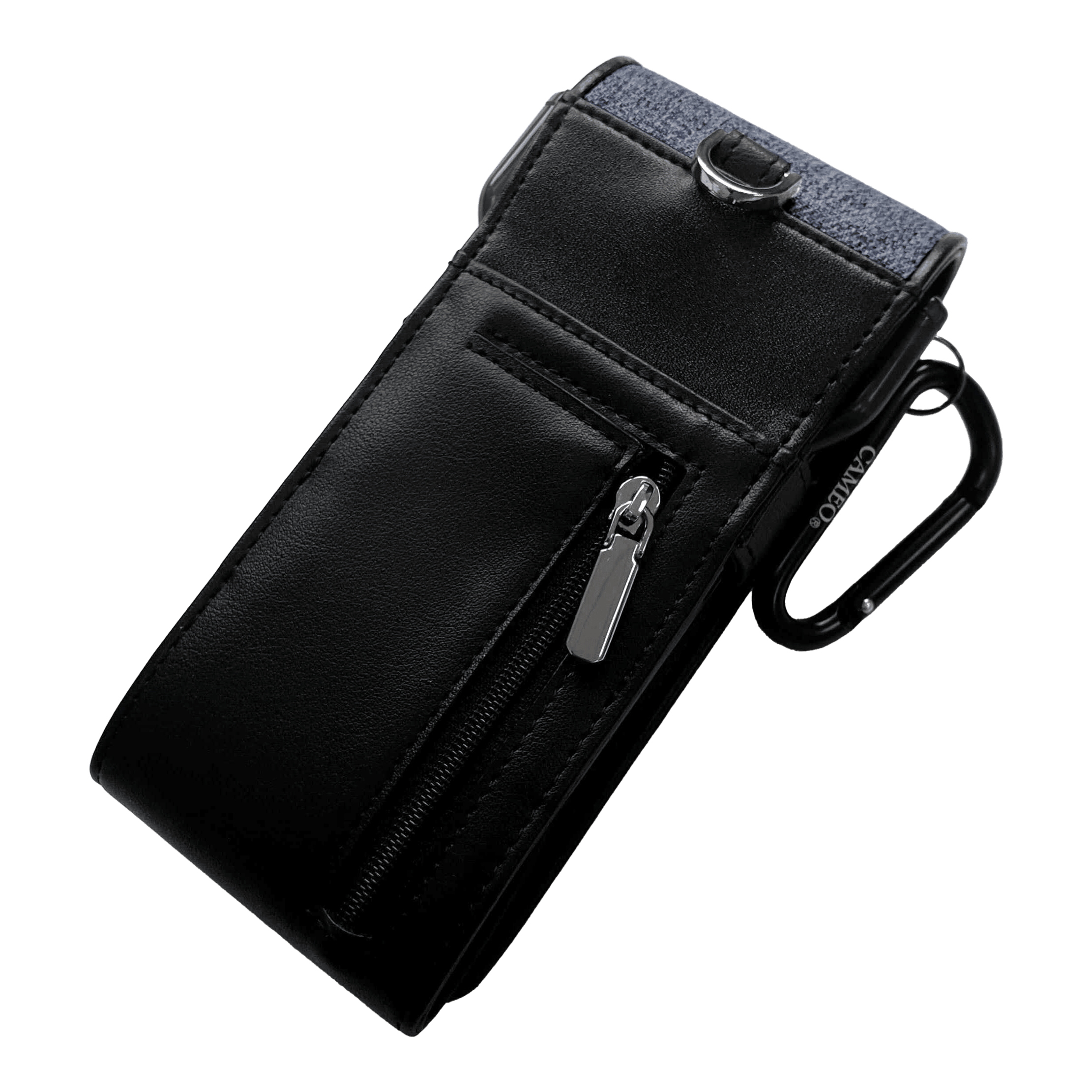 Cameo Thread Dart-hoesje Dies ist ein schwarzes Etui mit einem Reißverschlussfach auf der Vorderseite. Oben hat es einen blauen Stoffabschnitt und einen Metallclip zur Befestigung.