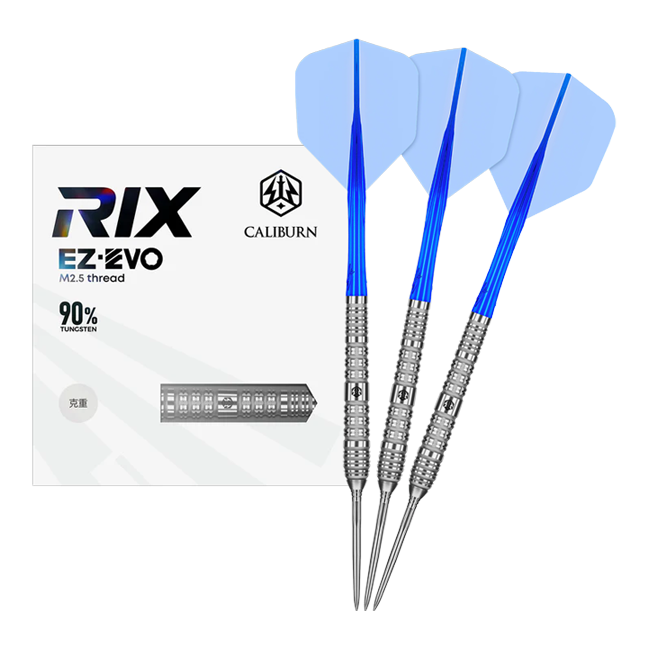 Caliburn Rix EZ-EVO R4 stalen dartpijlen Das Foto zeigt die Caliburn Rix EZ-EVO R4 Steeldarts in voller Ansicht. Die Darts sind modern gestaltet und für professionelle Spieler geeignet.