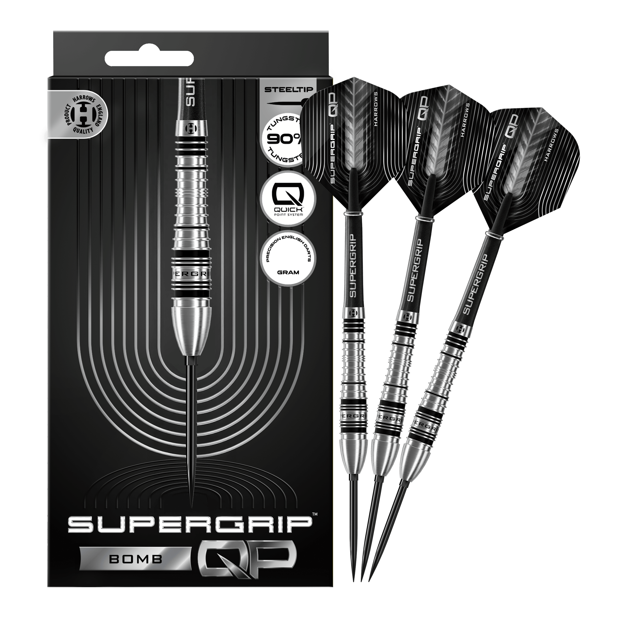 Harrows Supergrip Bomb Quick Point stalen dartpijlen Abgebildet sind die Harrows Supergrip Bomb Quick Point Steeldarts in voller Länge. Sie eignen sich ideal für ambitionierte Dartspieler.