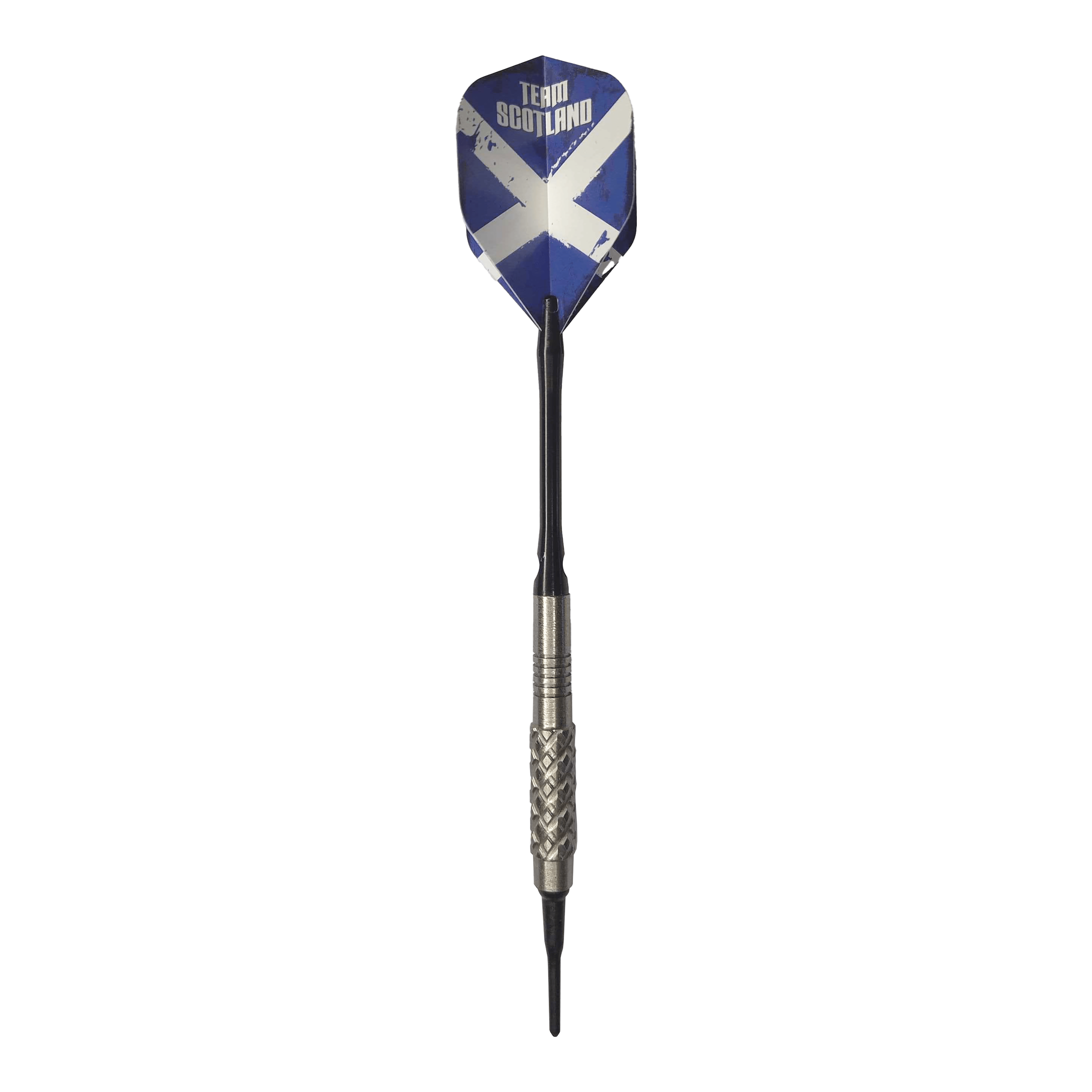 McDart 85 Tungsten V4 zachte darts - 16g Der abgebildete Softdart ist der "McDart 85er Tungsten V4 Softdarts - 16g". Das Flight zeigt das Design der schottischen Flagge mit der Aufschrift "Team Scotland".