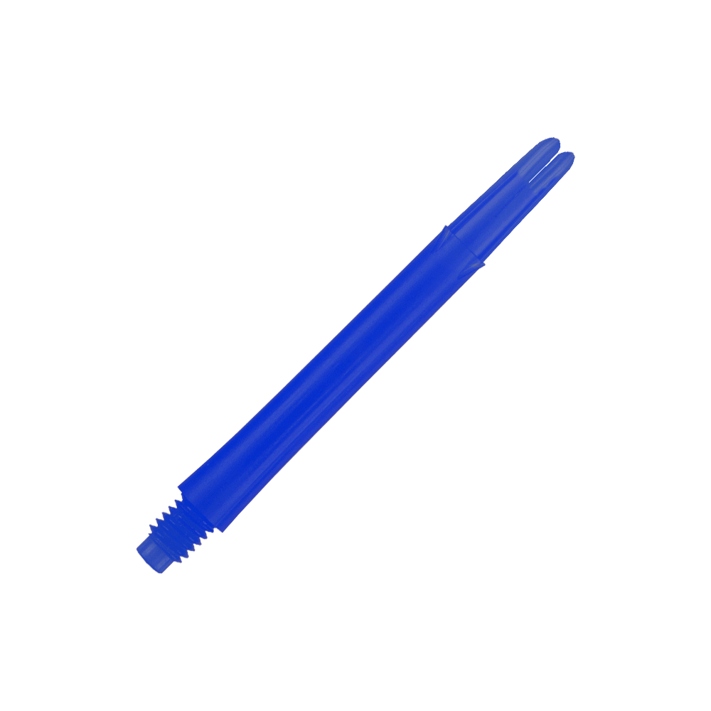 L-L-Style-Shafts Locked Straight - Blauw Das Bild zeigt einen geraden, blauen Dartshaft ohne Kappen. Der Schaft ist aus Kunststoff und hat ein Gewinde an einem Ende.