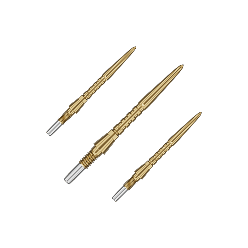 Target Swiss Point Storm Surge stalen dartpunten - goud Auf dem Bild sind drei goldene Steeldartspitzen zu sehen. Sie haben ein schlankes, geriffeltes Design mit einem silbernen Schraubgewinde am Ende.